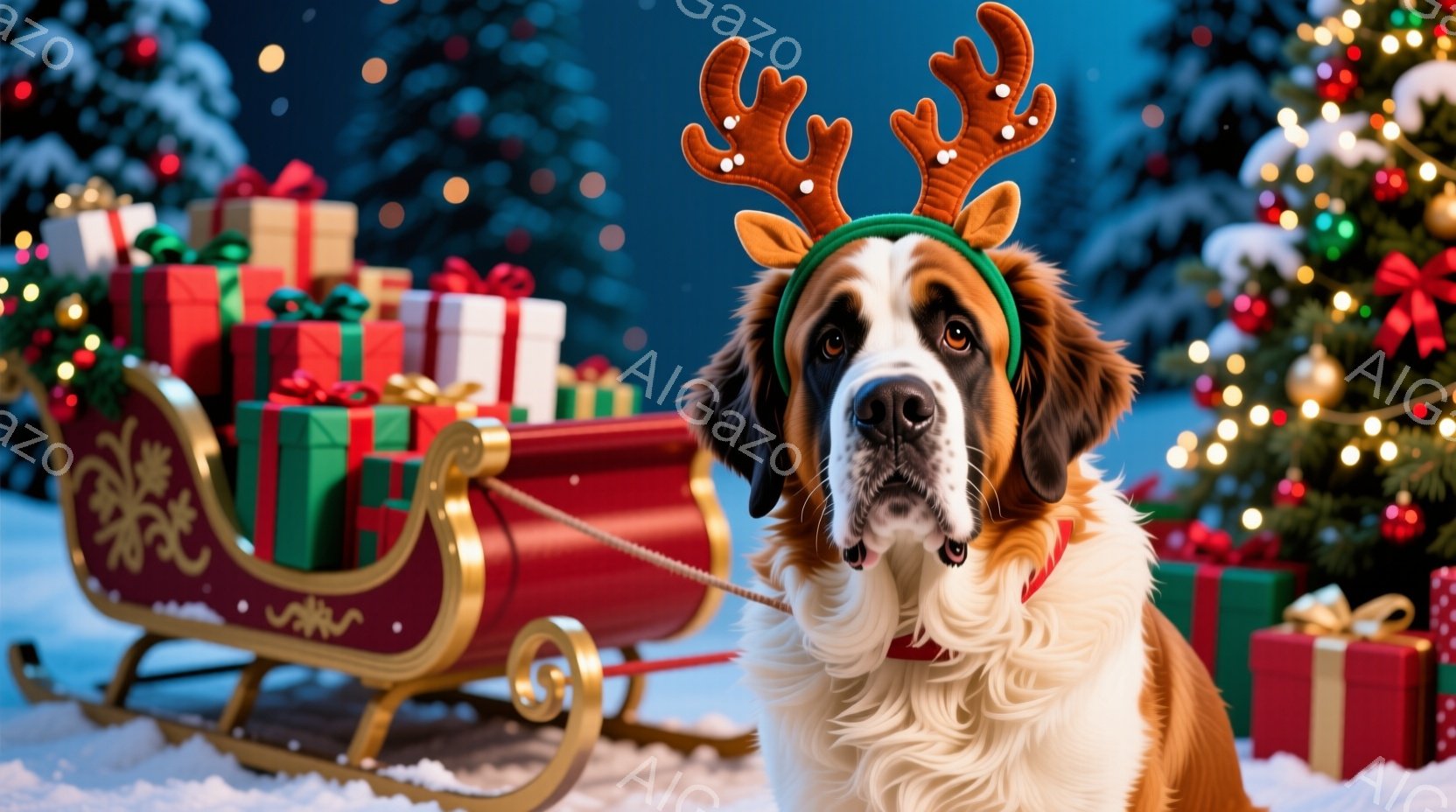 クリスマスの装飾が施された木製の床の上に、大きなセント・バーナードの子犬が横たわっています。 子犬は茶色と白の毛並みで、穏やかな表情を浮かべており、近くには松ぼっくりやクリスマスオーナメントが置かれた - AI生成フリー素材