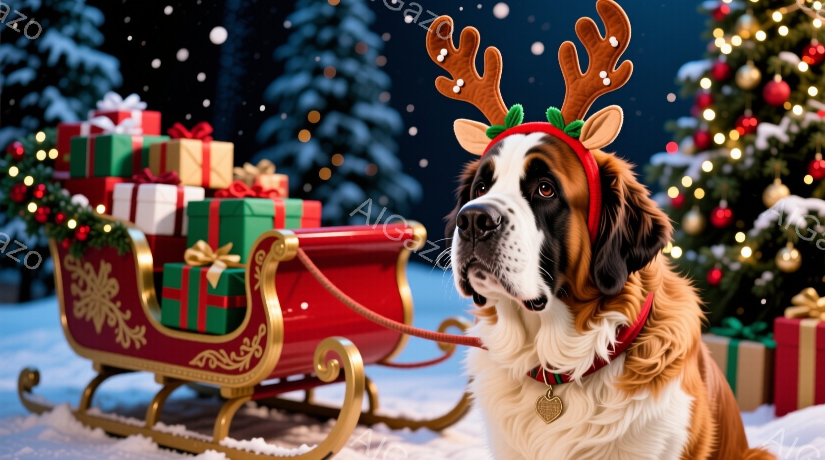 大きなセント・バーナード犬が、赤いトナカイの角を付けて雪の中に座っています。背景には、プレゼントでいっぱいになったそりが置かれ、キラキラと光るクリスマスツリーがぼやけて見えます。犬は少し上を見ている表情で、穏やかで温かいクリスマスの雰囲気を醸し出しています。