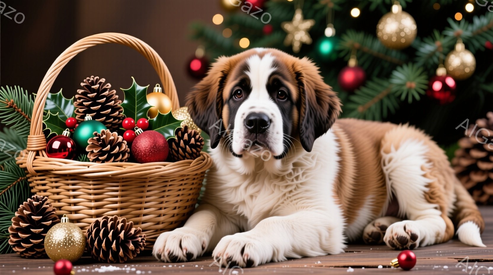 鮮やかなクリスマス装飾に囲まれた、毛並みの美しいセント・バーナードの子犬が、木製の床の上に横たわっています。子犬は穏やかな表情でカメラを見つめ、その大きな肉球が特徴的です。背景には、クリスマスツリーの緑とオーナメントの輝きが広がり、温かく幸せな雰囲気を醸し出しています。