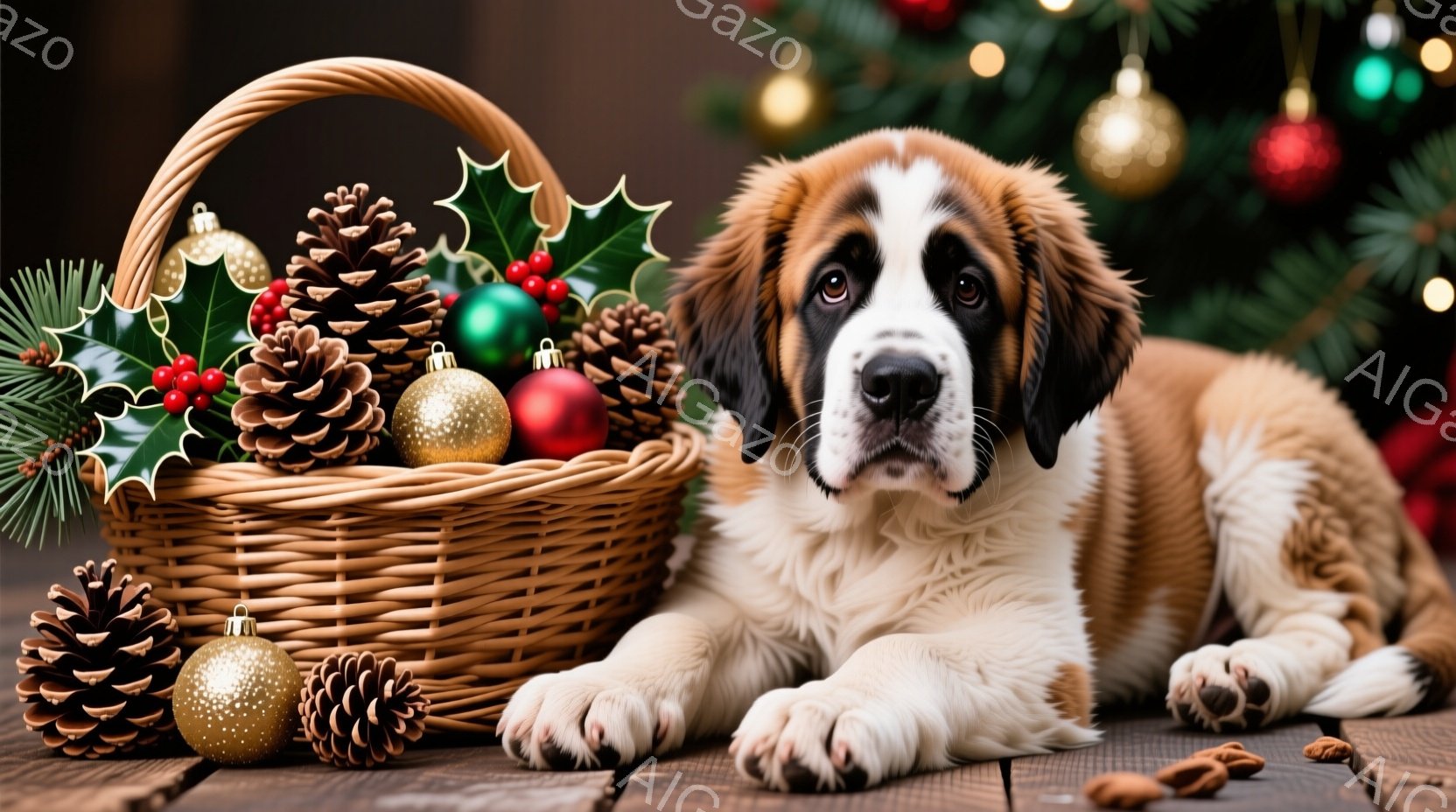 幼いセントバーナード犬が、クリスマスの飾りが入った籐の籠の横に横たわっています。犬は優しい眼差しでカメラを見つめ、リラックスした表情をしています。背景には、ぼやけたクリスマスツリーと、木製のテーブルが - AI生成フリー素材