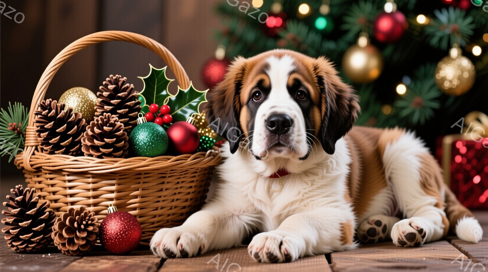鮮やかなクリスマスツリーを背景に、子犬がラタンのかごの横に横たわっています。子犬は白と茶色の毛並みで、穏やかで優しい表情をしています。クリスマスオーナメントや松ぼっくりが籠に飾られており、暖かくお祝い - AI生成フリー素材