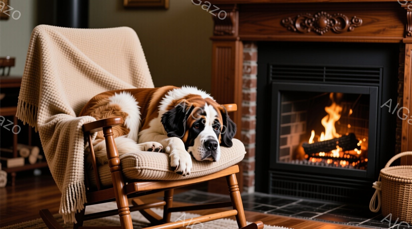 雪が積もった石畳の道に、大きなセント・バーナード犬が座っている。犬は緑色の花輪を首に巻き、正面をまっすぐ見つめ、穏やかで優しい表情を浮かべている。背景には、温かい光で飾られた建物が並び、クリスマスの飾り付けが華やかさを添え、冬の暖かく、お祝いの雰囲気が漂っている。
