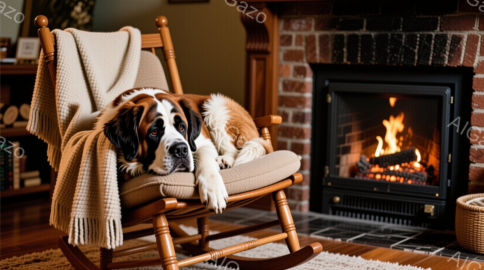 大きなセントバーナード犬がロッキングチェアに横たわり、リラックスした様子で頭を腕に乗せています。ロッキングチェアにはベージュ色のブランケットが掛けられ、暖炉の炎が背景に暖かさを添えています。部屋全体が落ち着いた雰囲気で、冬の穏やかな午後のような光景です。