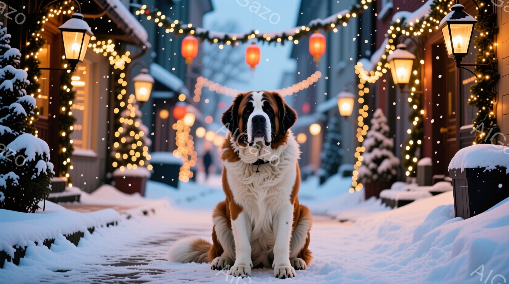 白い毛並みと茶色の斑点を持つ大型犬が、雪に覆われた石畳の道に座っています。背景には、クリスマスのような飾り付けが施された建物が並び、雪が舞い散る冬の夜の様子が描かれています。暖色の光が犬を照らし、穏や - AI生成フリー素材