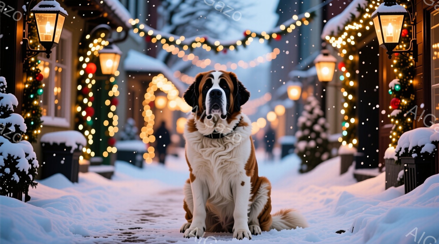 白い毛並みと黒いマスクが特徴的なセント・バーナード犬が、雪積もった石畳の道に座っています。背景には、クリスマスイルミネーションで飾られた建物が並び、雪が舞い散る冬の風景が広がっています。暖かく、お祝い - AI生成フリー素材