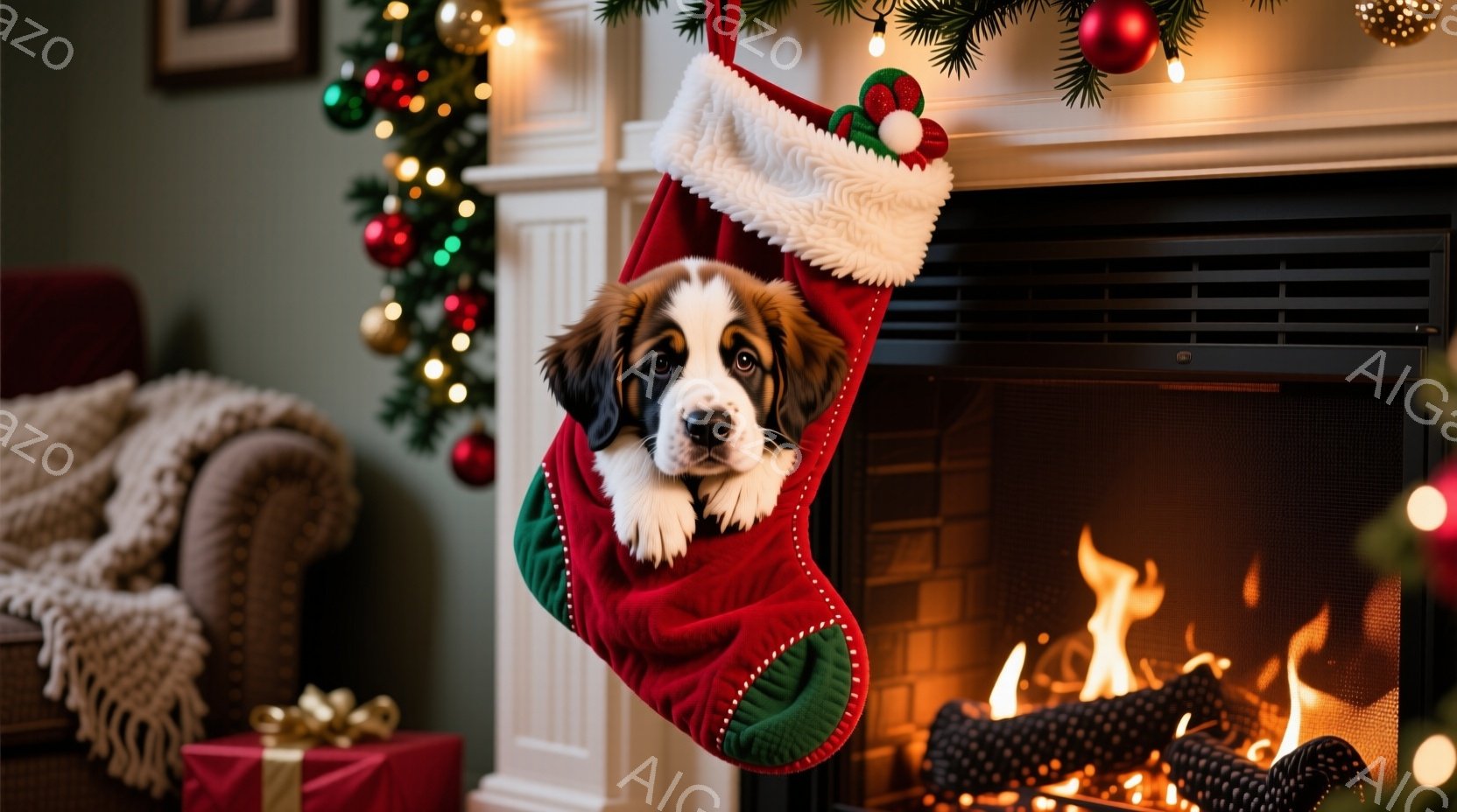 クリスマスソックスの中に、愛らしいセント・バーナードの子犬が顔を出しています。暖炉の炎が暖かく照らし、背景にはクリスマスツリーとプレゼントが飾られており、居心地の良い雰囲気を醸し出しています。この子犬 - AI生成フリー素材