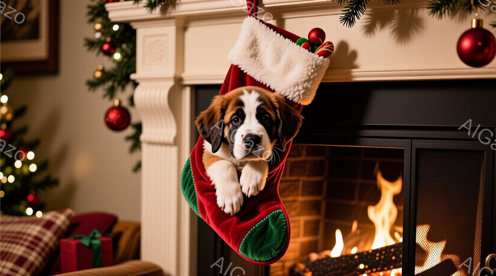 暖炉のそばに飾られたクリスマスストッキングの中に、子犬が顔を出しています。子犬は茶色と白の毛並みで、好奇心と少し戸惑った表情でこちらを見ています。背景にはクリスマスツリーの飾りやプレゼント、そして暖炉 - AI生成フリー素材
