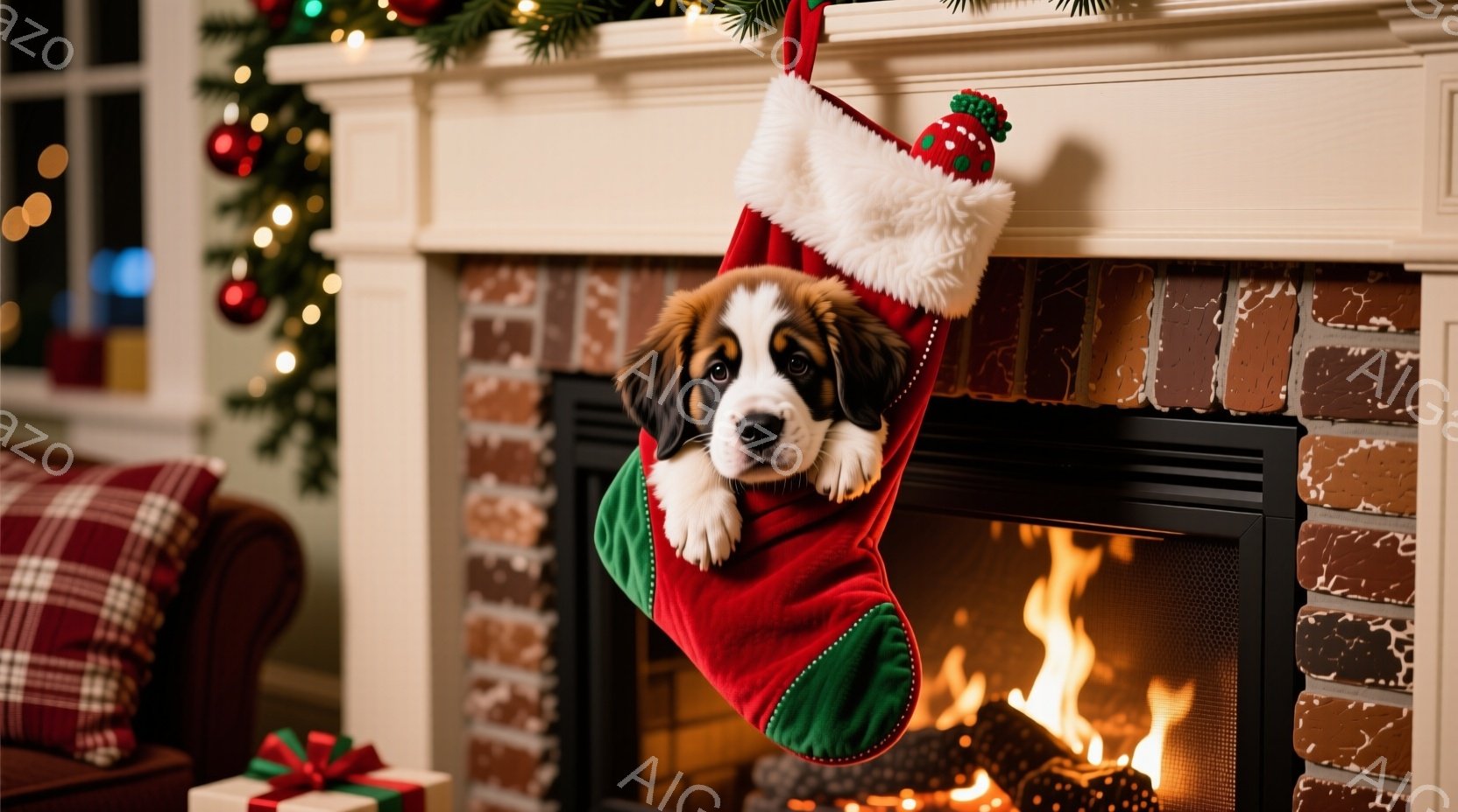 クリスマスソックスに可愛らしい子犬がちょこんと座っています。暖炉の炎が暖かく照らし、背景にはクリスマスツリーやプレゼントが見え、温かい家庭的な雰囲気が漂っています。子犬は少し驚いたような、あるいは楽し - AI生成フリー素材