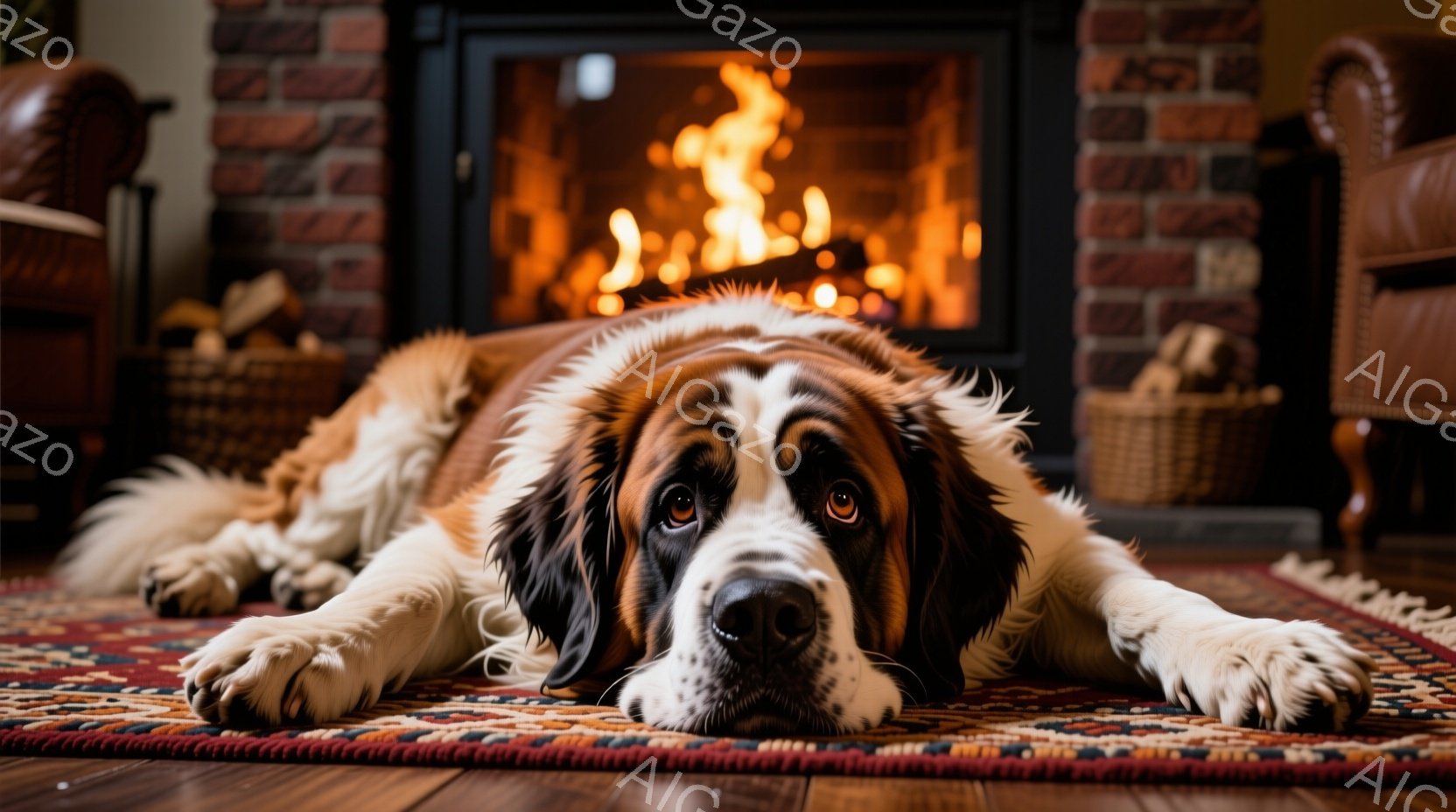 柔らかい毛並みのセントバーナードの子犬が、木製の椅子の背もたれに寄りかかって座っています。子犬は前足を伸ばし、リラックスした表情で、まるでどこかを見つめているようです。背景には暖色系の照明とぼやけた家 - AI生成フリー素材