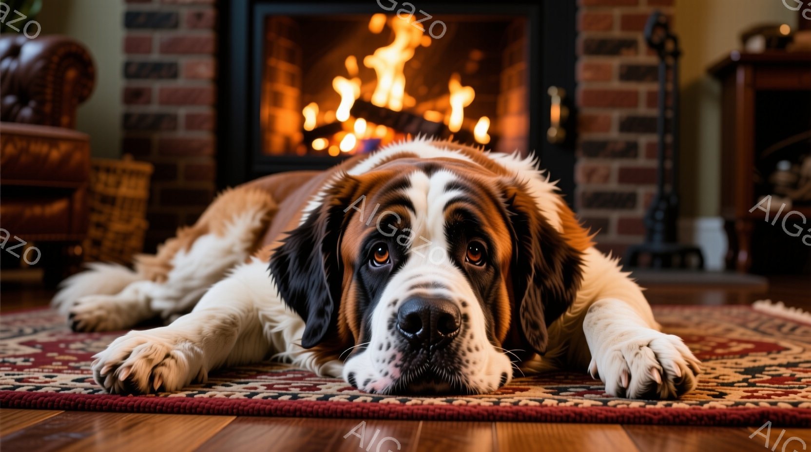 巨大なセント・バーナード犬が、豪華なペルシャ絨毯の上に仰向けになって横たわっています。犬は穏やかな表情でカメラを見つめており、背景には暖炉があり、燃え盛る炎が心地よい暖かさを感じさせます。木製の床とクラシックな家具が、犬のゆったりとした雰囲気を引き立てる、温かく居心地の良いリビングルームの様子が伺えます。