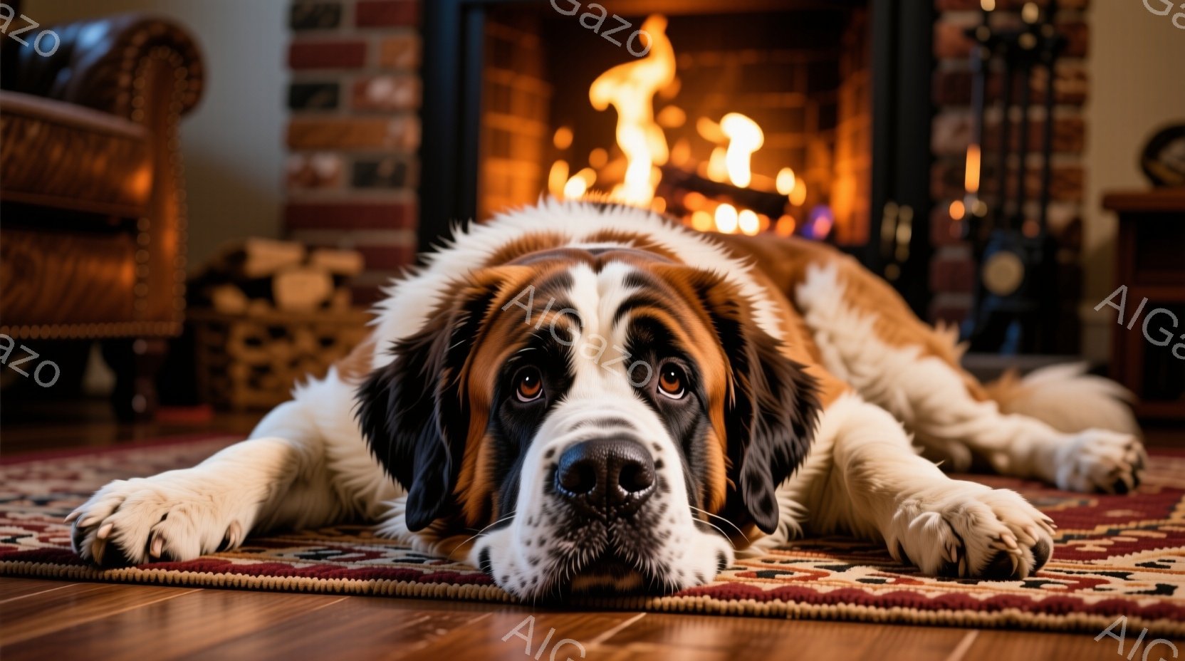 大きなセントバーナード犬が、赤い模様の絨毯の上に横たわっています。犬はカメラを見つめ、穏やかで優しい表情を浮かべています。背景には暖炉があり、炎が燃えており、暖かく居心地の良い雰囲気を作り出しています - AI生成フリー素材