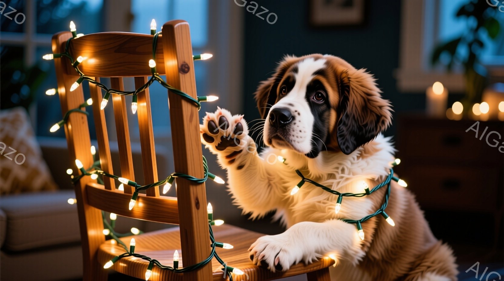 大きなセントバーナード犬が椅子に座り、キラキラと光るクリスマスライトに興味津々な様子を見せています。犬は片足を伸ばしてライトに触れようとしており、その表情は好奇心と遊び心に満ちています。背景にはぼやけ - AI生成フリー素材