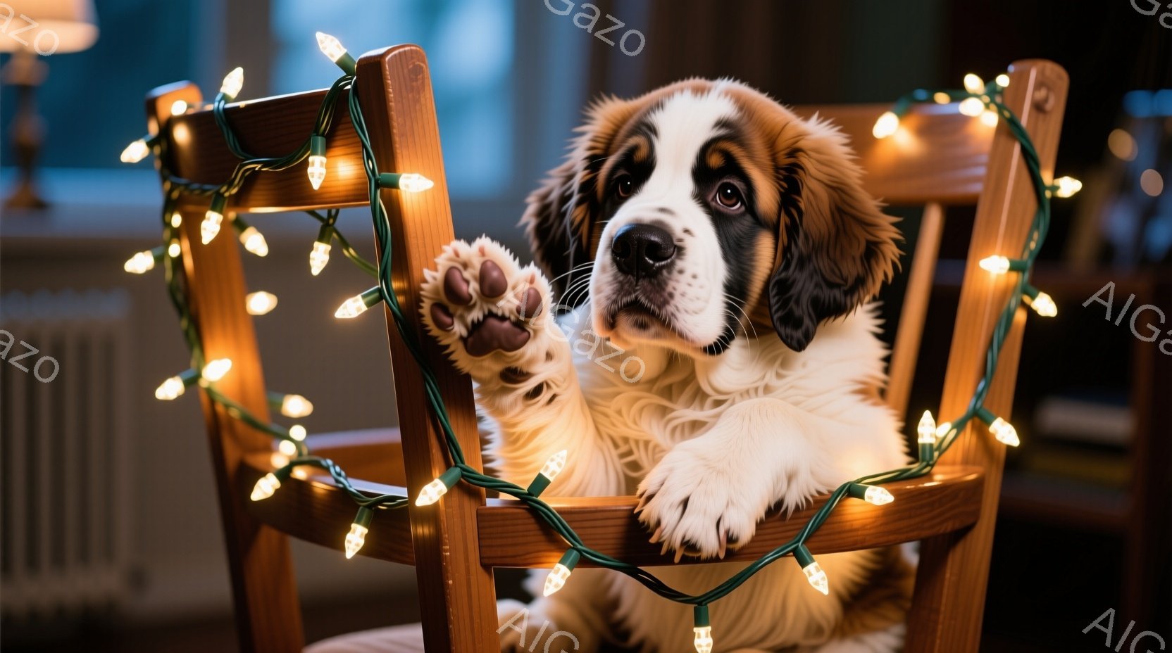 ふわふわとしたセント・バーナードの子犬が、木製の椅子に体を預け、片足をリラックスして伸ばしています。周りにはクリスマスのイルミネーションが飾り付けられており、暖かく優しい雰囲気を醸し出しています。背景 - AI生成フリー素材
