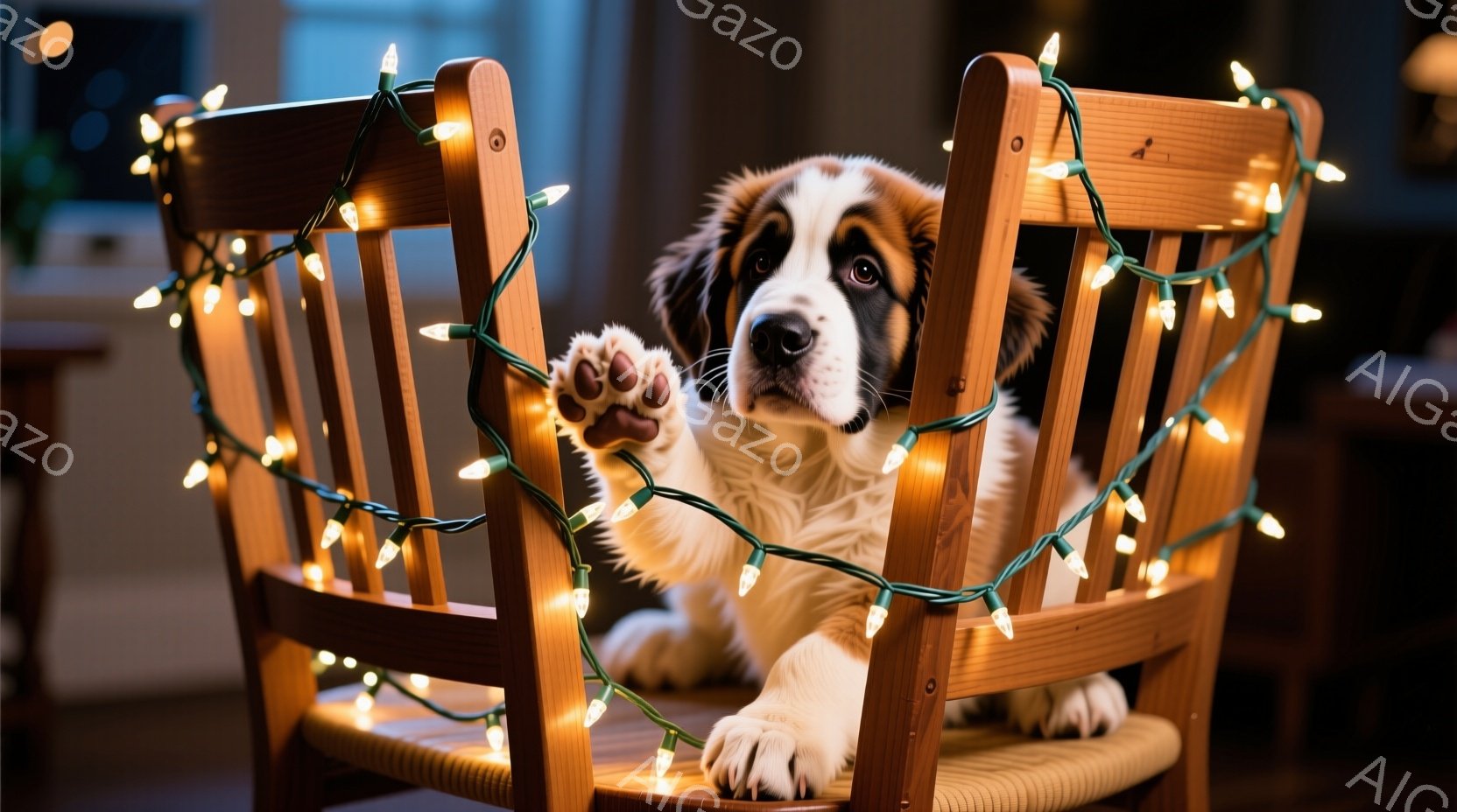 大きな犬が木の椅子に座っており、緑色のイルミネーションライトが椅子全体に巻き付いています。犬は茶色と白の毛並みで、片足を上げて可愛らしい表情をしています。背景は薄暗く、暖かく穏やかな雰囲気が漂っていま - AI生成フリー素材