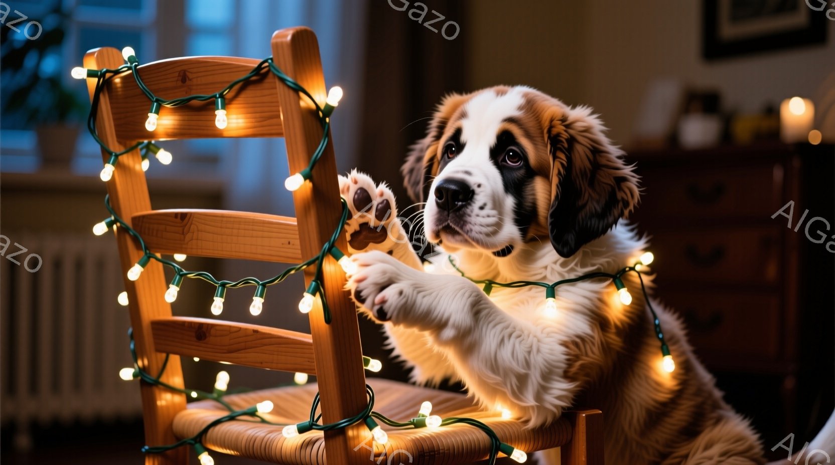 雪景色の中で、大きなセント・バーナード犬がそりに寄り添って横たわっています。そりには色とりどりの包装紙で飾られたプレゼントが積み上げられ、冬の祝祭の雰囲気を醸し出しています。背景には雪をまとった木々が立ち並び、静かで穏やかな冬の日の情景が広がっています。