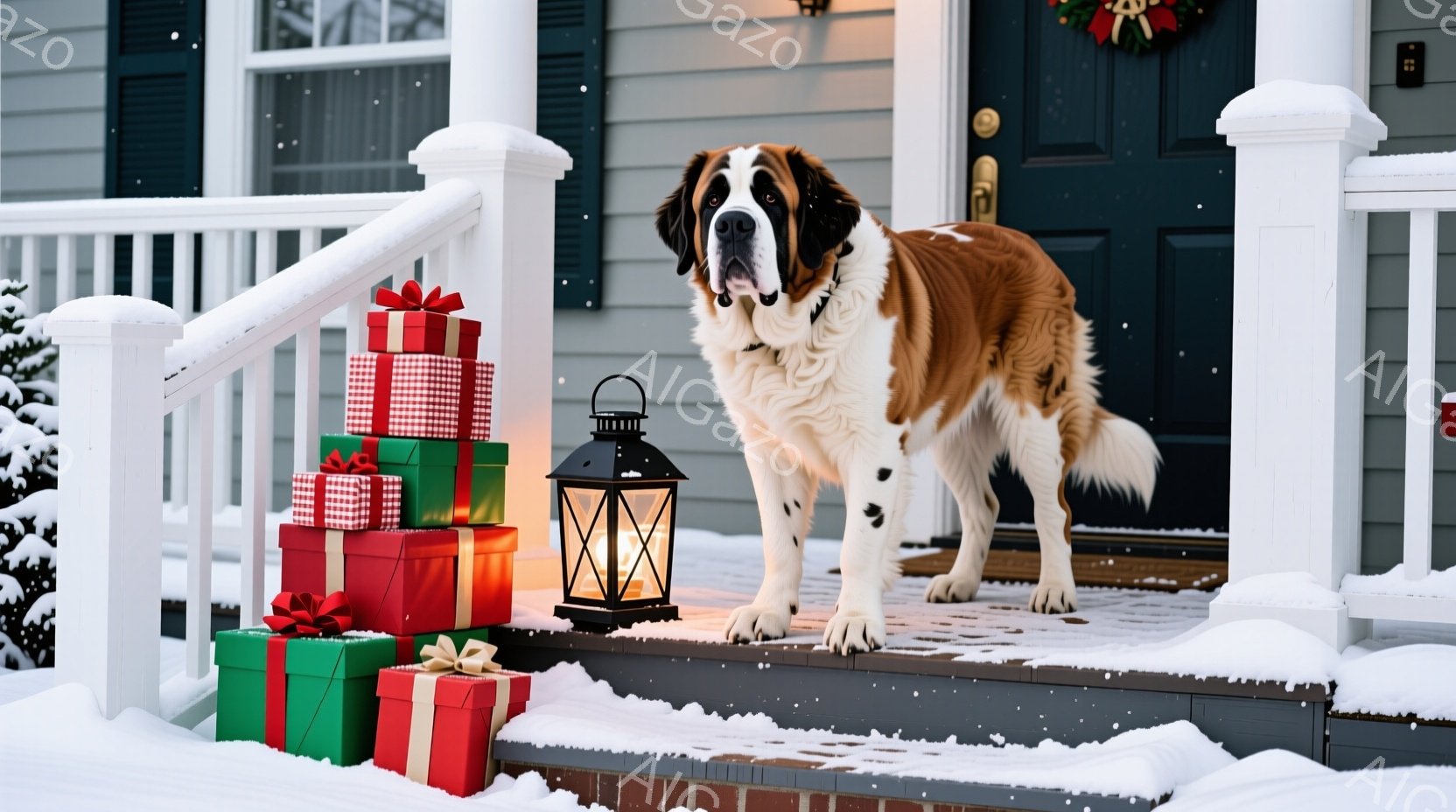 雪が降る家の玄関の段差に、大きなセントバーナード犬が立っている。犬は茶色と白の毛並みで、穏やかな表情をしており、まるで番犬のように正面を見ている。背景には、プレゼントの山と灯りが灯ったランタンがあり、 - AI生成フリー素材