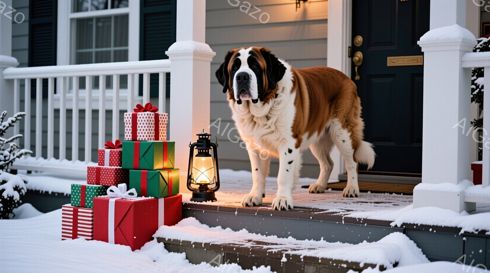 雪が降る家の外階段に、プレゼントの山と提灯が置かれ、大きなセント・バーナード犬が立っている。犬は自信に満ちた表情で正面を見つめ、冬の贈り物と暖炉の光が、暖かくお祝いの雰囲気を醸し出している。背景には雪で覆われた家があり、冬の静寂と安らぎを感じさせる。