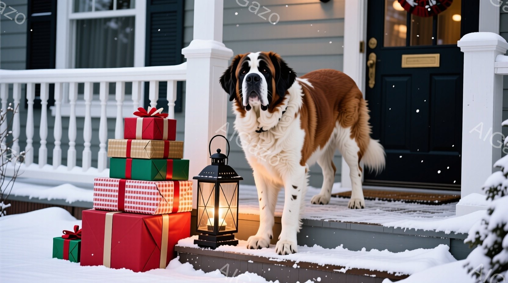 雪が舞う家の玄関前に、プレゼントの山とランタンが置かれ、その隣に大きなセントバーナード犬が立っている。犬は茶色と白の毛並みを持ち、まっすぐ前を見つめている表情は穏やかで、冬の暖かい雰囲気を醸し出してい - AI生成フリー素材