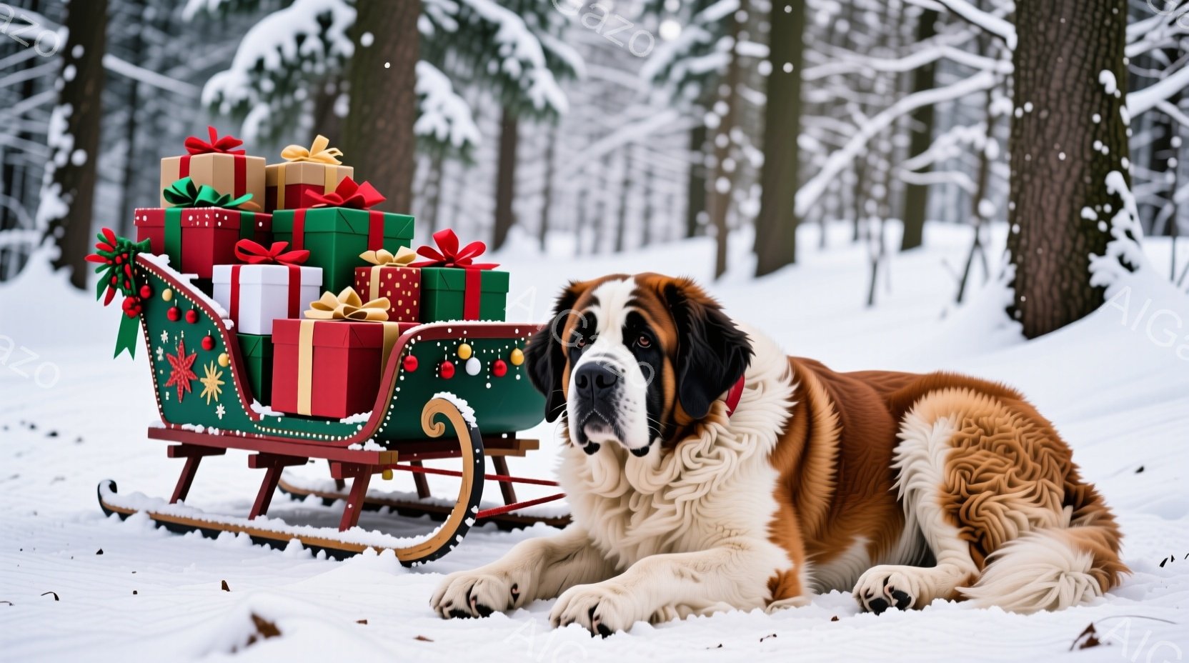 白い雪景色の中に、プレゼントが積まれたそりが置かれ、その隣に大きなセント・バーナード犬が横たわっています。犬は茶色と白の毛並みで、穏やかで優しい表情をしています。背景には雪に覆われた木々が立ち並び、静 - AI生成フリー素材