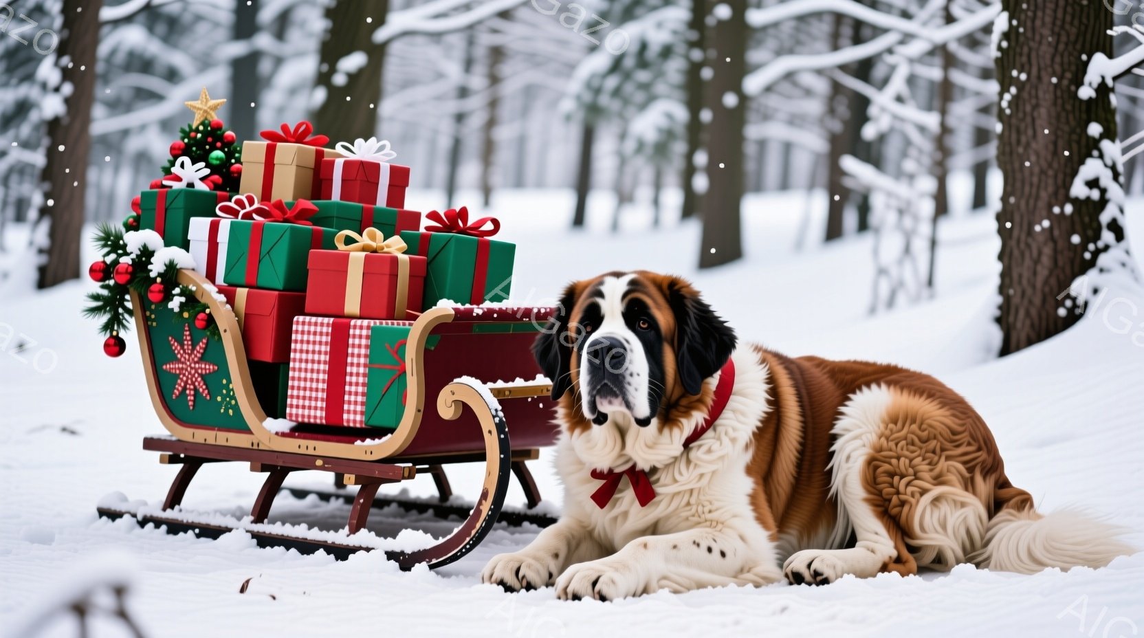 雪景色の中に、プレゼントの山を積んだそりが置かれています。そのそばには、首に赤いリボンをつけたセントバーナード犬が横たわり、穏やかな表情でこちらを見ています。背景には雪に覆われた木々が広がり、暖かく、 - AI生成フリー素材