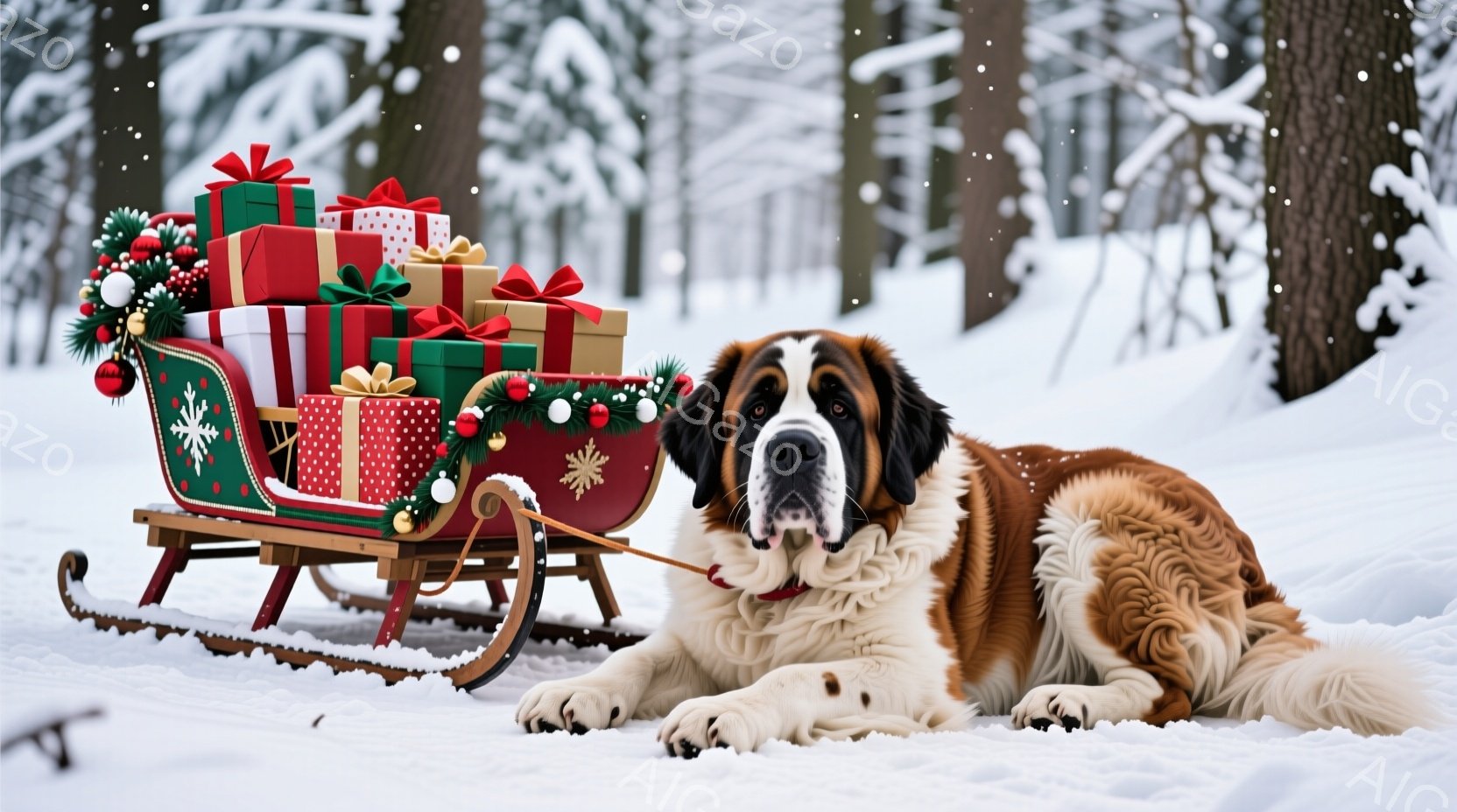 雪景色の中に、プレゼントの山を積んだそりが置かれ、その隣で大型のセント・バーナード犬が横たわっています。犬は赤い首輪をつけており、穏やかで優しい表情をしています。背景は雪に覆われた木々で、静かで平和な冬の雰囲気を醸し出しています。