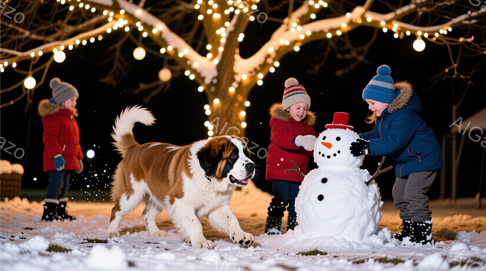 雪景色の中で、子供たちが雪だるまを作っており、大きなセント・バーナード犬が楽しそうに駆け寄っています。子供たちは冬の帽子と厚手のコートを着ており、笑顔で雪だるまに顔をつけたり、周りを走り回ったりしています。背景には電飾で飾られた木々があり、暖かく、楽しい冬の雰囲気を醸し出しています。