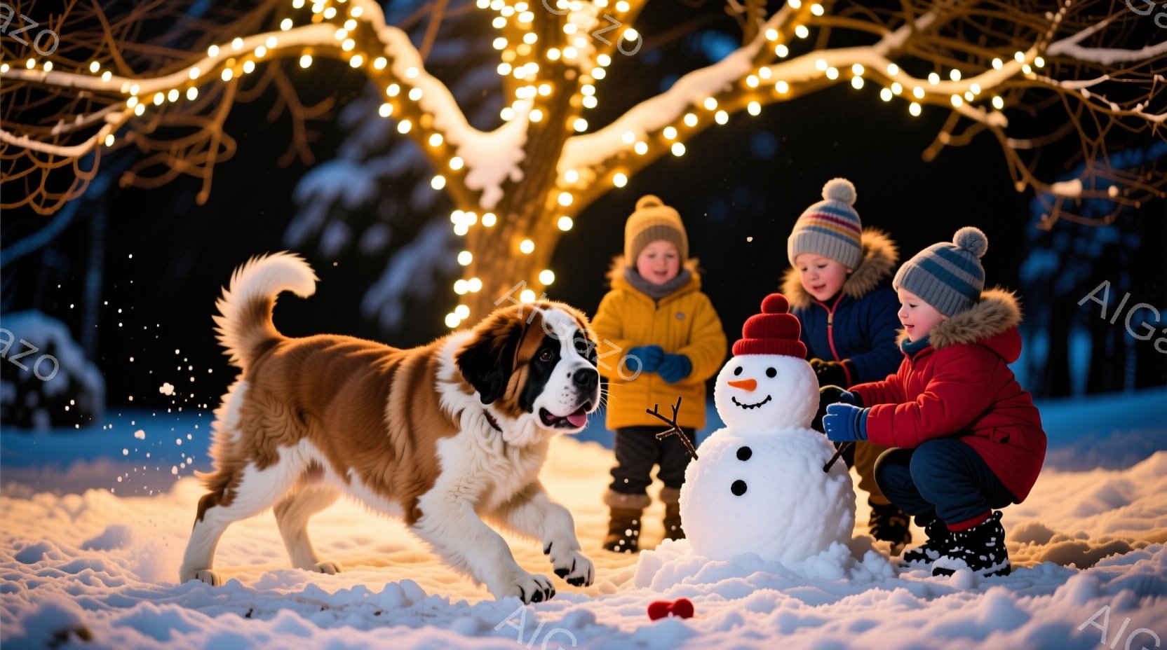 雪景色の中で、二人の子供と大型犬が雪だるまを作っている様子が描かれている。子供たちは冬用の帽子とジャケットを着ており、片方の子供は雪だるまに鼻をつけるようにかがんでいる。背景には、点灯されたライトで飾 - AI生成フリー素材