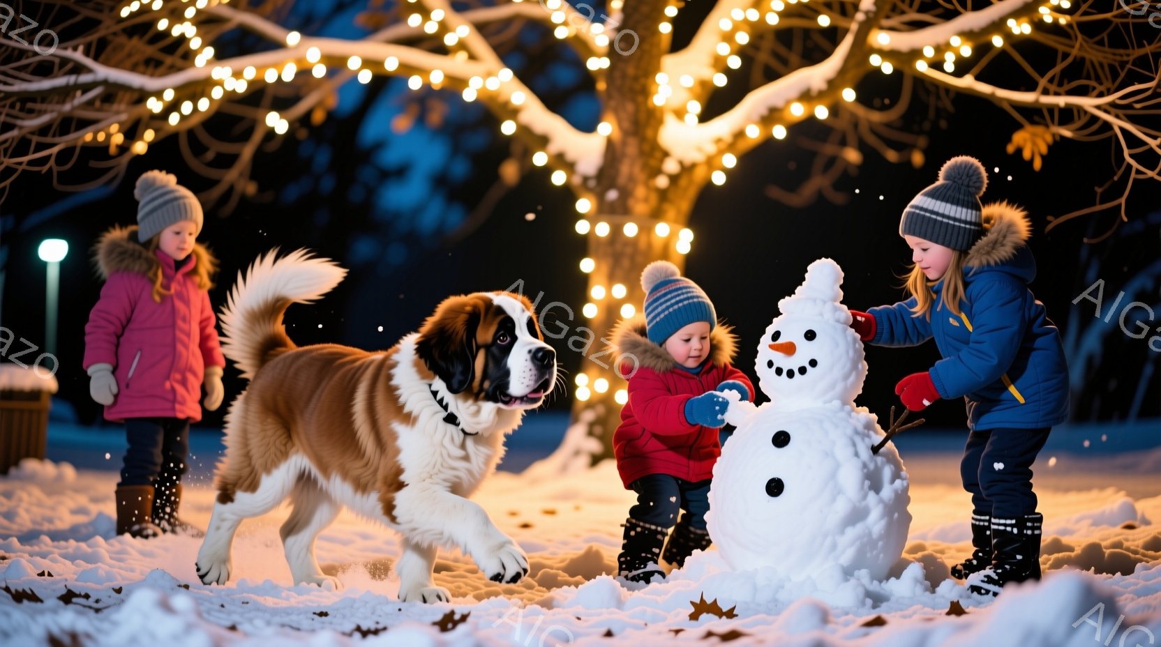 雪景色の中で、二人の子供と一匹の大型犬が雪だるまを作っている様子が描かれています。子供たちは冬用の帽子、ジャケット、ズボン、ブーツを着用し、雪だるまの顔を作るのに熱心に取り組んでいます。背景には木の枝 - AI生成フリー素材