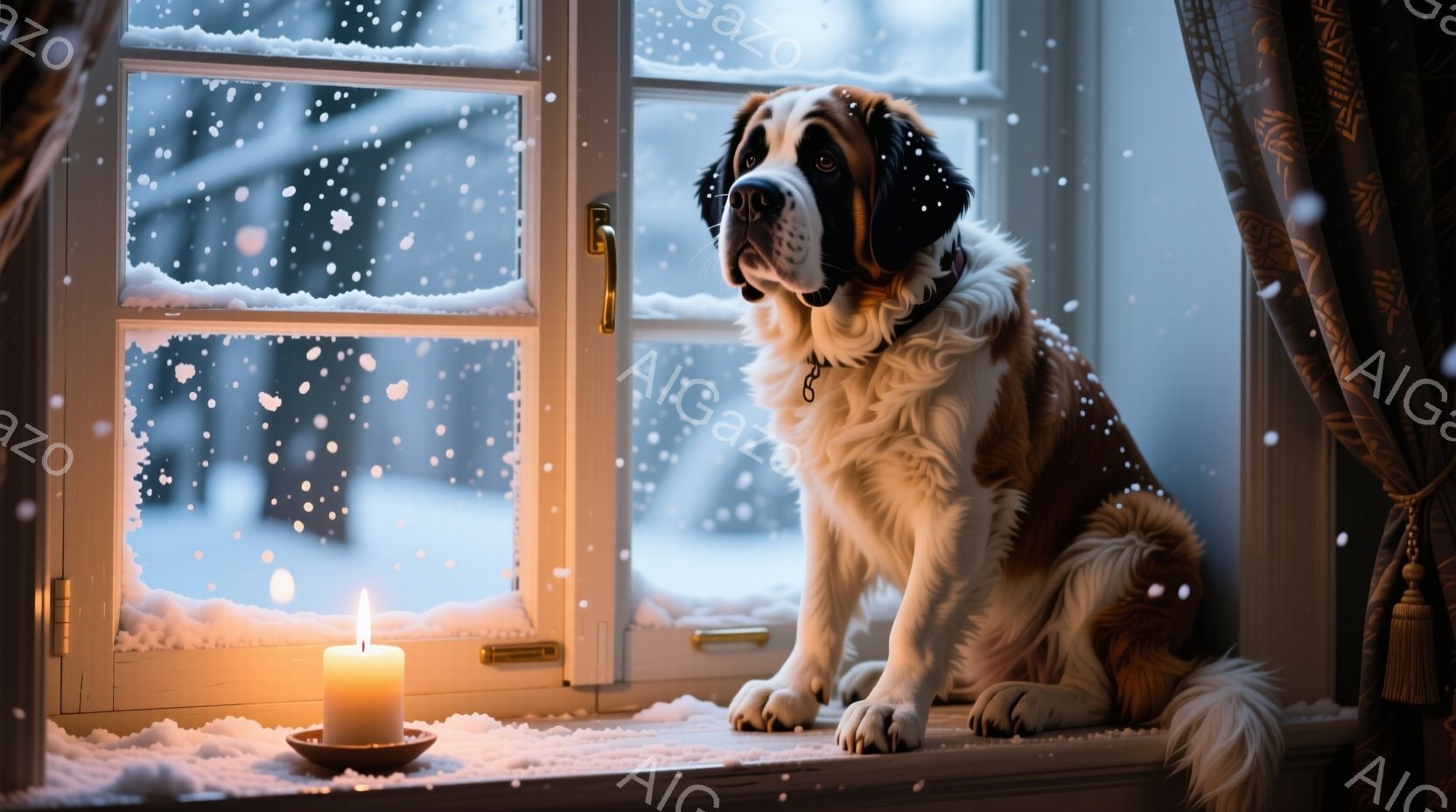 白い毛並みと茶色の斑点を持つ大型犬が、雪景色を眺める窓辺に座っている。窓の外は雪が降り積もり、暖かく光るキャンドルが犬の横に置かれていることで、穏やかで静謐な冬の雰囲気が漂っている。犬は少し物憂げな表情で遠くを見つめ、冬の静けさの中で静かに時を過ごしているように見える。