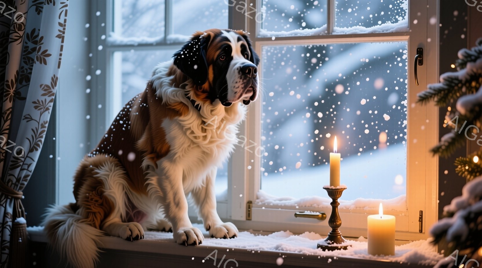 窓辺に大きなセント・バーナード犬が座っており、外は雪が降っている冬の風景が見える。犬は茶色と白の毛並みで、落ち着いた表情で外を見つめている。室内にはキャンドルが灯されており、温かく穏やかなクリスマスの - AI生成フリー素材
