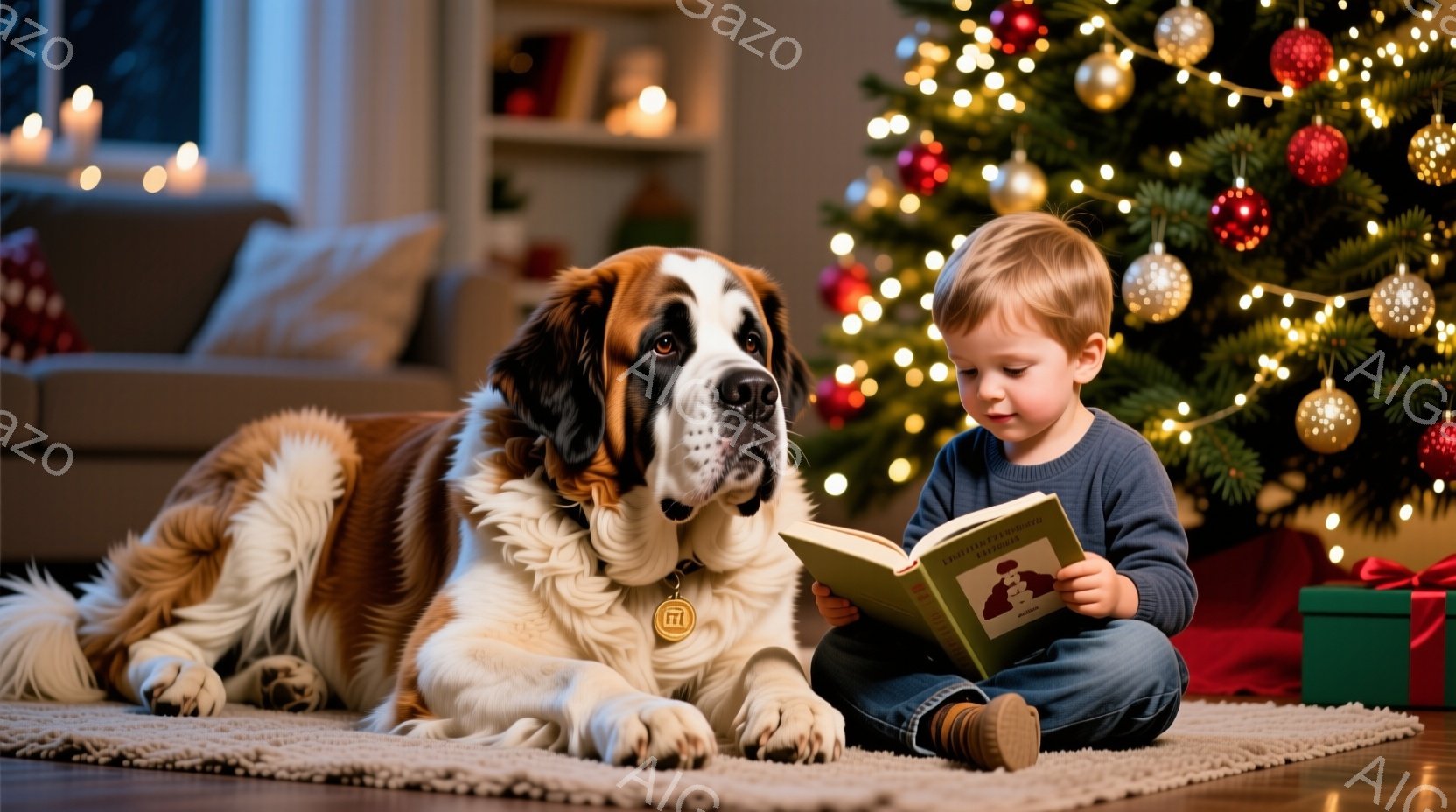 少年が床に座り、絵本を読んでいます。大きなセントバーナード犬が少年の横に横たわり、絵本に興味津々な様子で少年を見つめています。背景にはクリスマスツリーが飾られ、温かく穏やかな家庭の雰囲気が漂っています - AI生成フリー素材