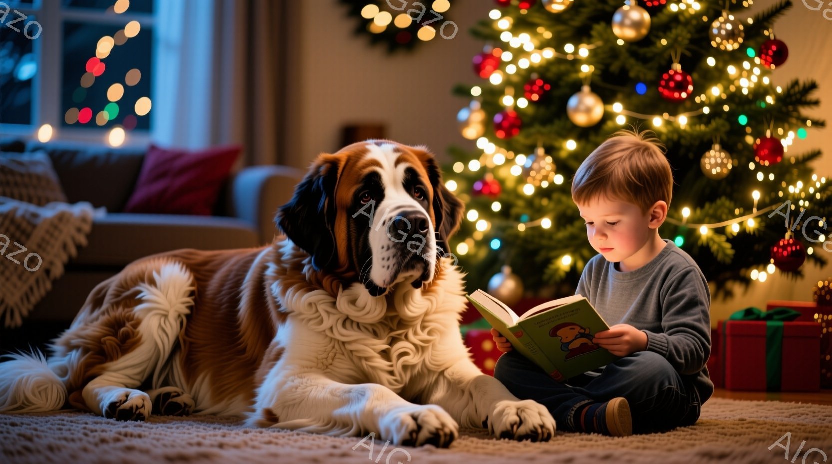 小さな少年が床に座り、膝の上に本を開いて読んでいる。大きなセント・バーナード犬が少年の横に横たわり、本を読む少年に穏やかな視線を送っている。背景には、クリスマスツリーが飾られ、プレゼントの箱が置かれ、 - AI生成フリー素材