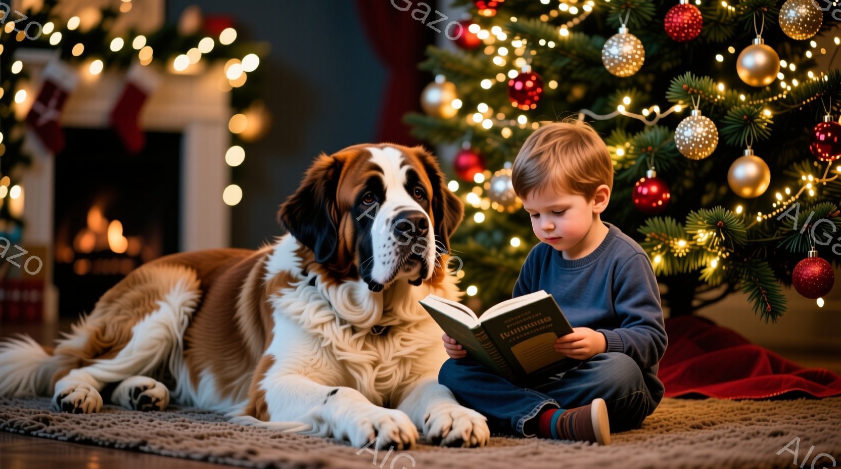 小さな男の子が床に座り、本を読んでいます。大きなセントバーナード犬が男の子の横でくつろぎ、穏やかな表情をしています。背景にはクリスマスツリーが飾られ、暖炉の光が灯り、温かく穏やかなクリスマスの雰囲気が漂っています。