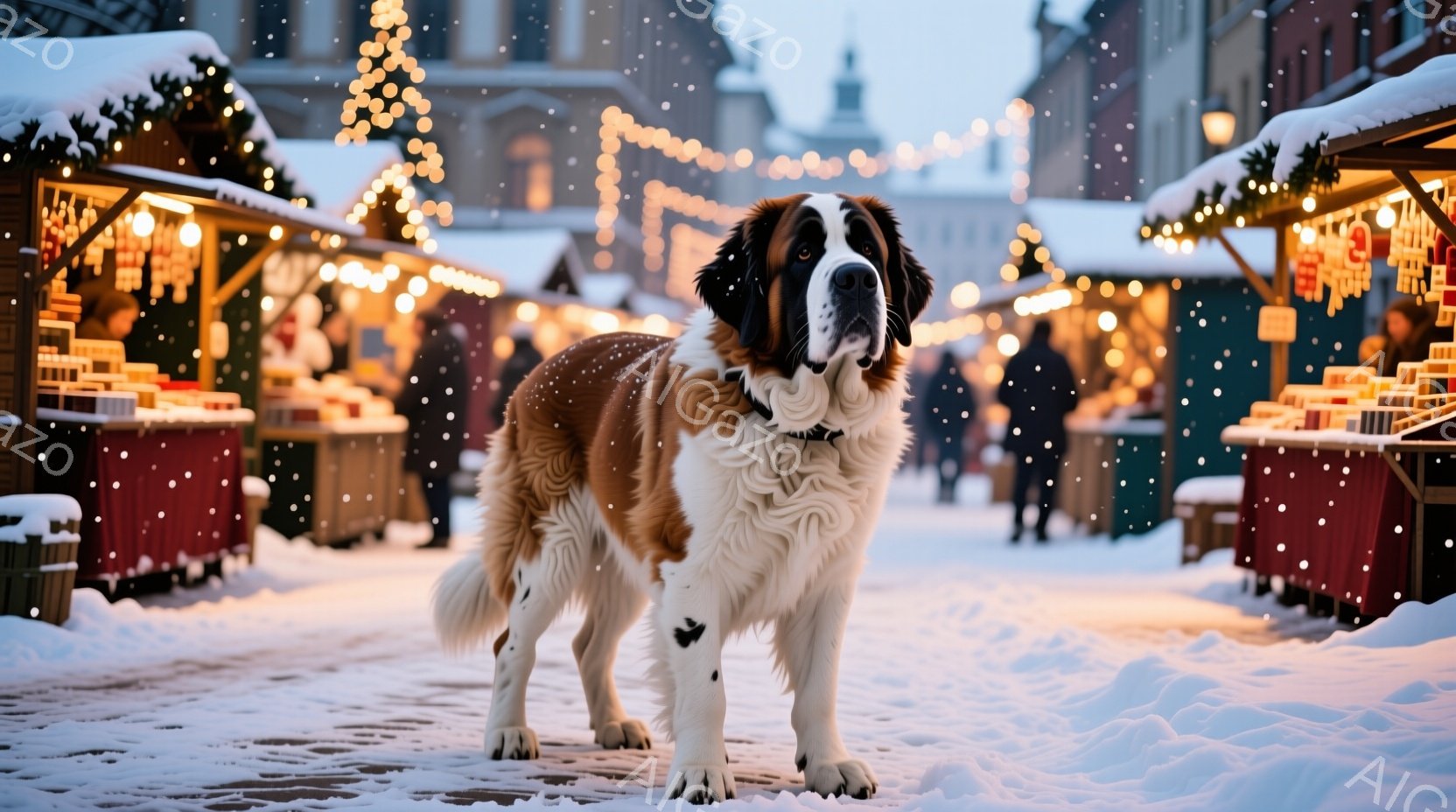 雪が舞う石畳の道に、堂々としたセント・バーナード犬が立っている。犬は茶色と白の毛並みで、首輪をつけており、カメラに向かってまっすぐ前を見ている。背景にはクリスマスマーケットのような屋台が並び、暖かい光 - AI生成フリー素材