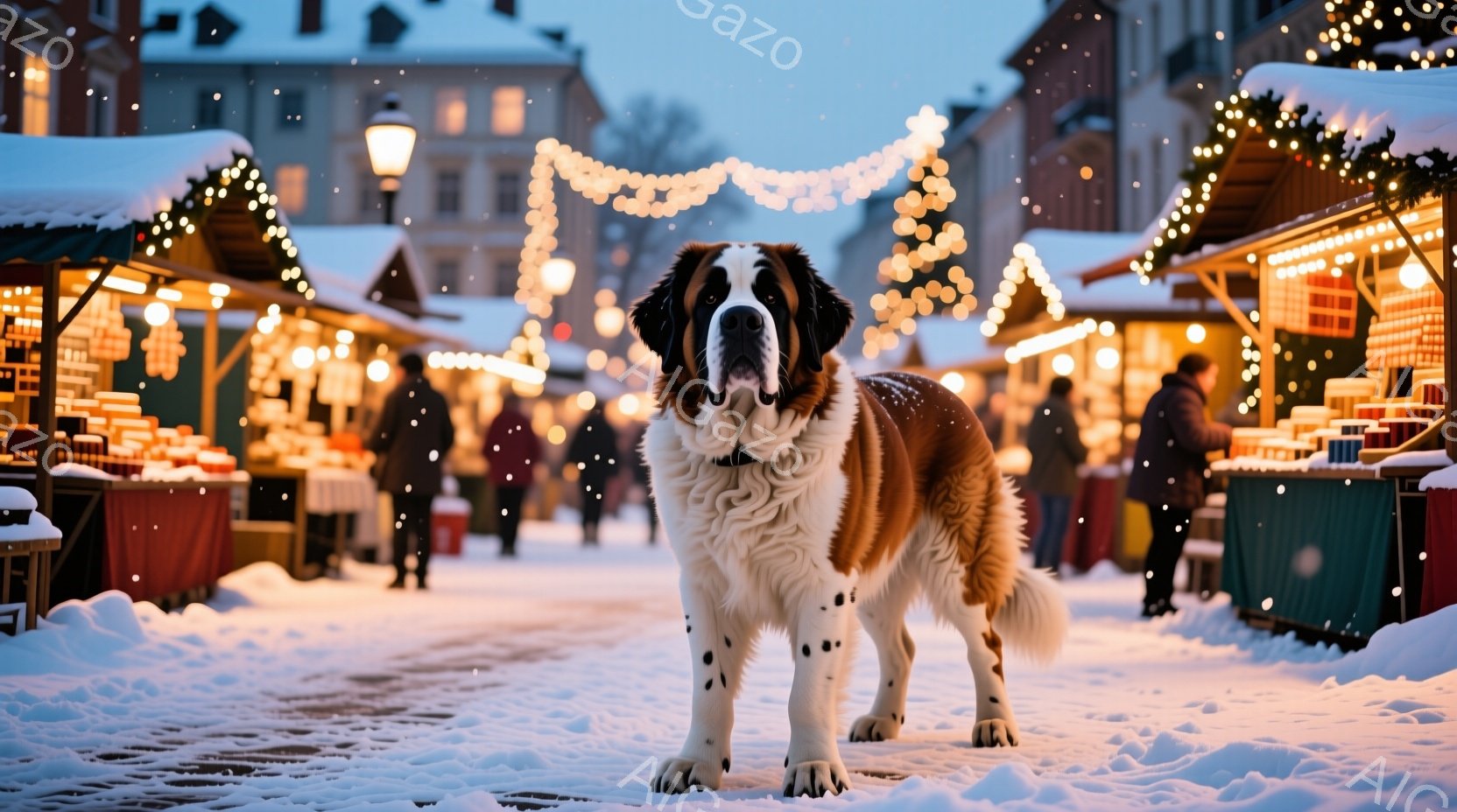 雪が降り積もる、クリスマスマーケットのような賑やかな通りに、セント・バーナード犬が堂々と立っている。犬は白と茶色の毛並みで、力強く、穏やかな表情をしている。背景には、ライトアップされた屋台や建物が並び、暖かく、お祭り気分を醸し出している。