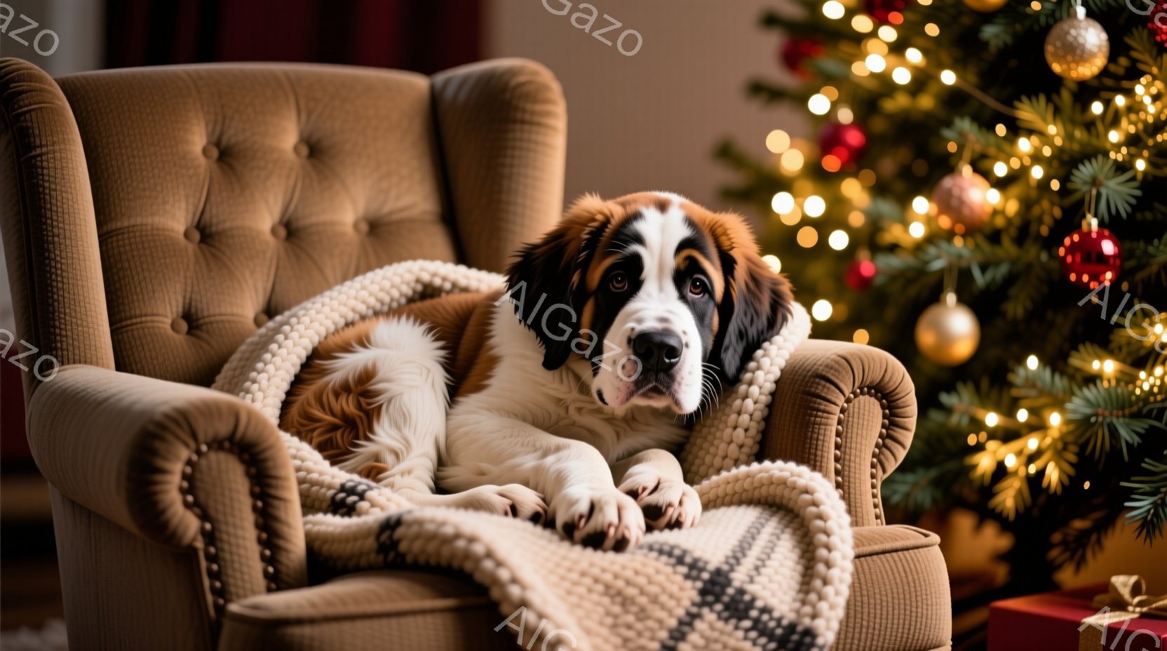 大きなセントバーナード犬が、鋲のついた肘掛け椅子に丸まって横たわっています。犬は暖かい毛布に包まれ、穏やかな表情でリラックスしています。背景にはクリスマスツリーが飾られ、赤いギフトボックスが見え、ホリ - AI生成フリー素材