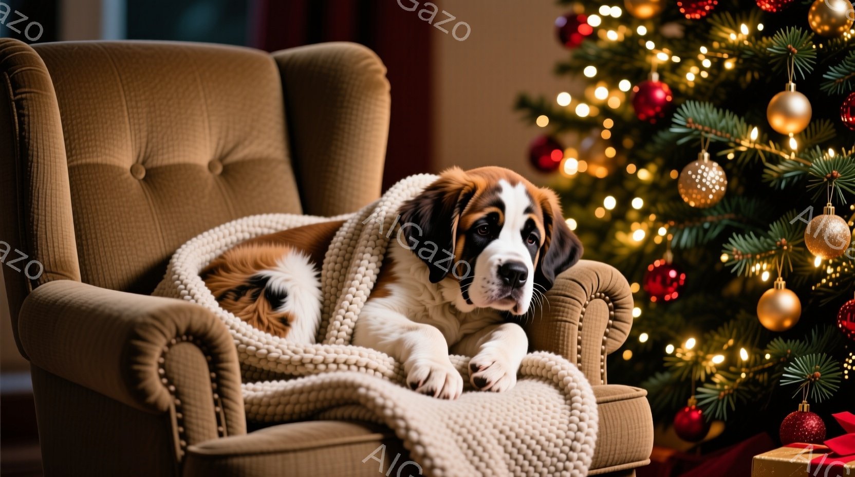 大きなセント・バーナード犬が、アイボリー色のざっくりとしたニットのブランケットに包まれ、茶色の肘掛け椅子にゆったりと横たわっています。背景には、キラキラと輝くオーナメントで飾られたクリスマスツリーがあ - AI生成フリー素材