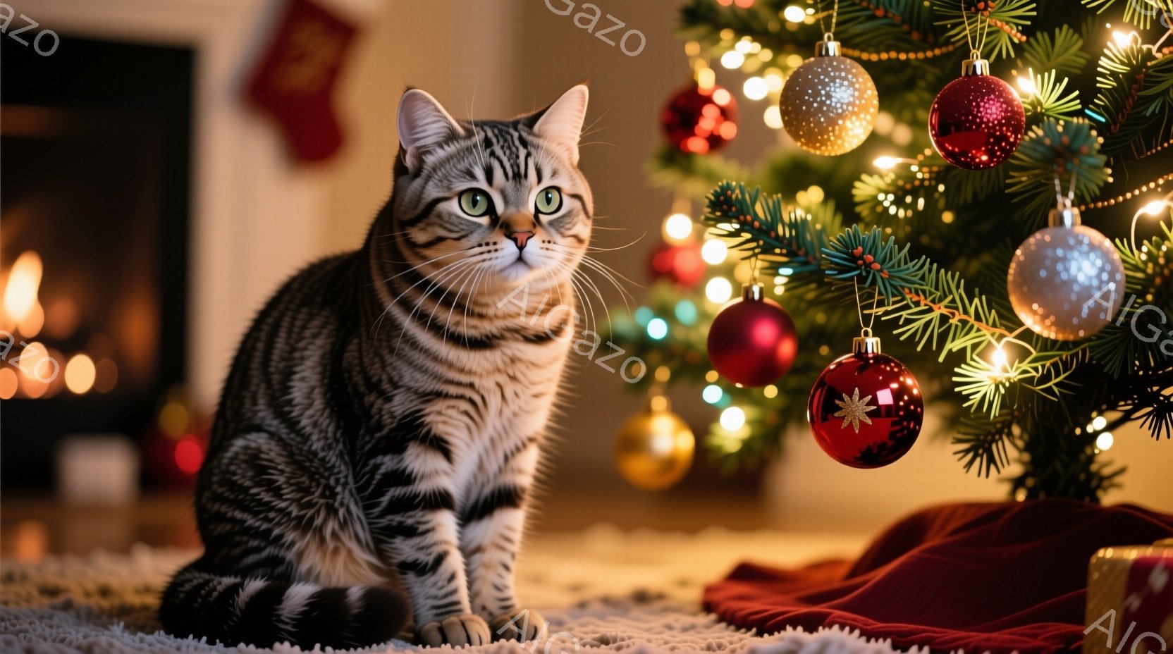 縞模様の猫が白い毛布の上に座っており、緑色のクリスマスツリーを見つめている。ツリーは様々な色のオーナメントで飾られ、温かい光が放たれている。背景には赤い布が見え、全体的に暖かく、お祝いムードに満ちた雰 - AI生成フリー素材
