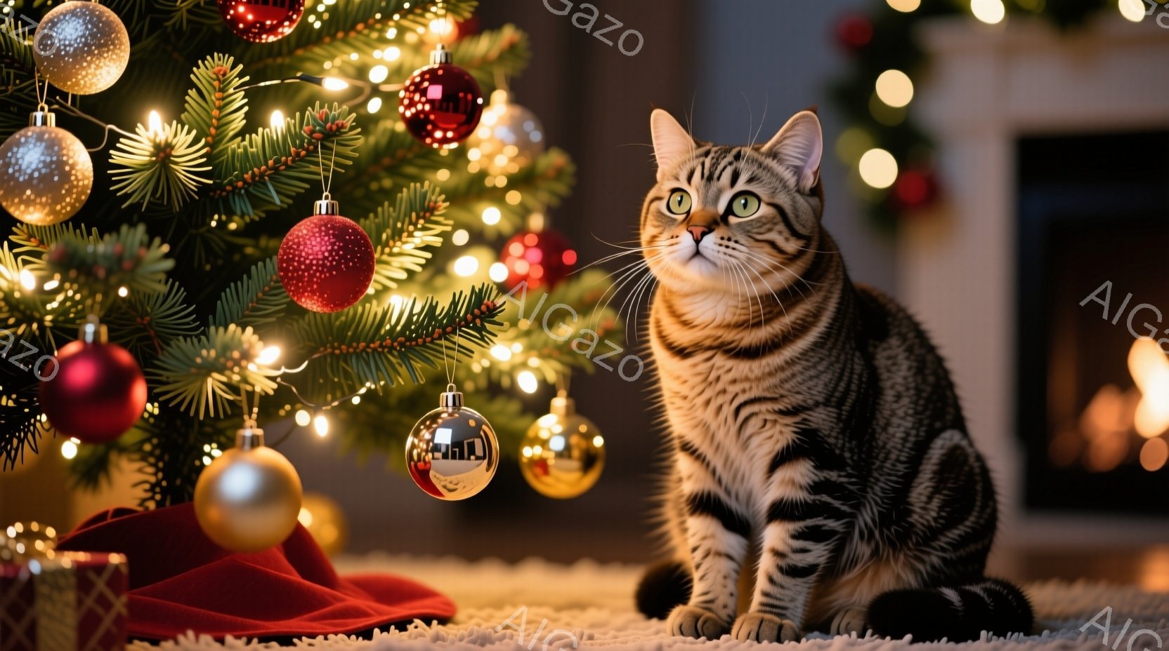 クリスマスツリーのそばで、縞模様の猫が座って何かを見つめています。ツリーには赤や金色のオーナメントが飾られており、暖かく華やかな雰囲気が漂っています。背景には暖炉の火が見え、全体的に温かく、お祝いのム - AI生成フリー素材