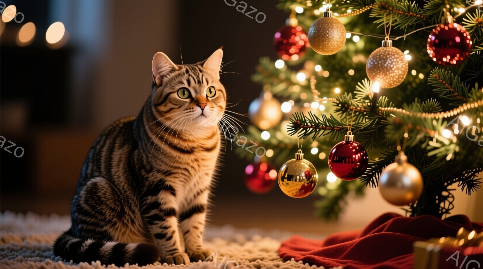 茶色と黒の縞模様の猫が、カーペットの上に座ってこちらを見つめています。背景にはクリスマスツリーが飾られており、赤いオーナメントや光が暖かく輝いています。全体的に、温かく、居心地の良いクリスマスの雰囲気 - AI生成フリー素材