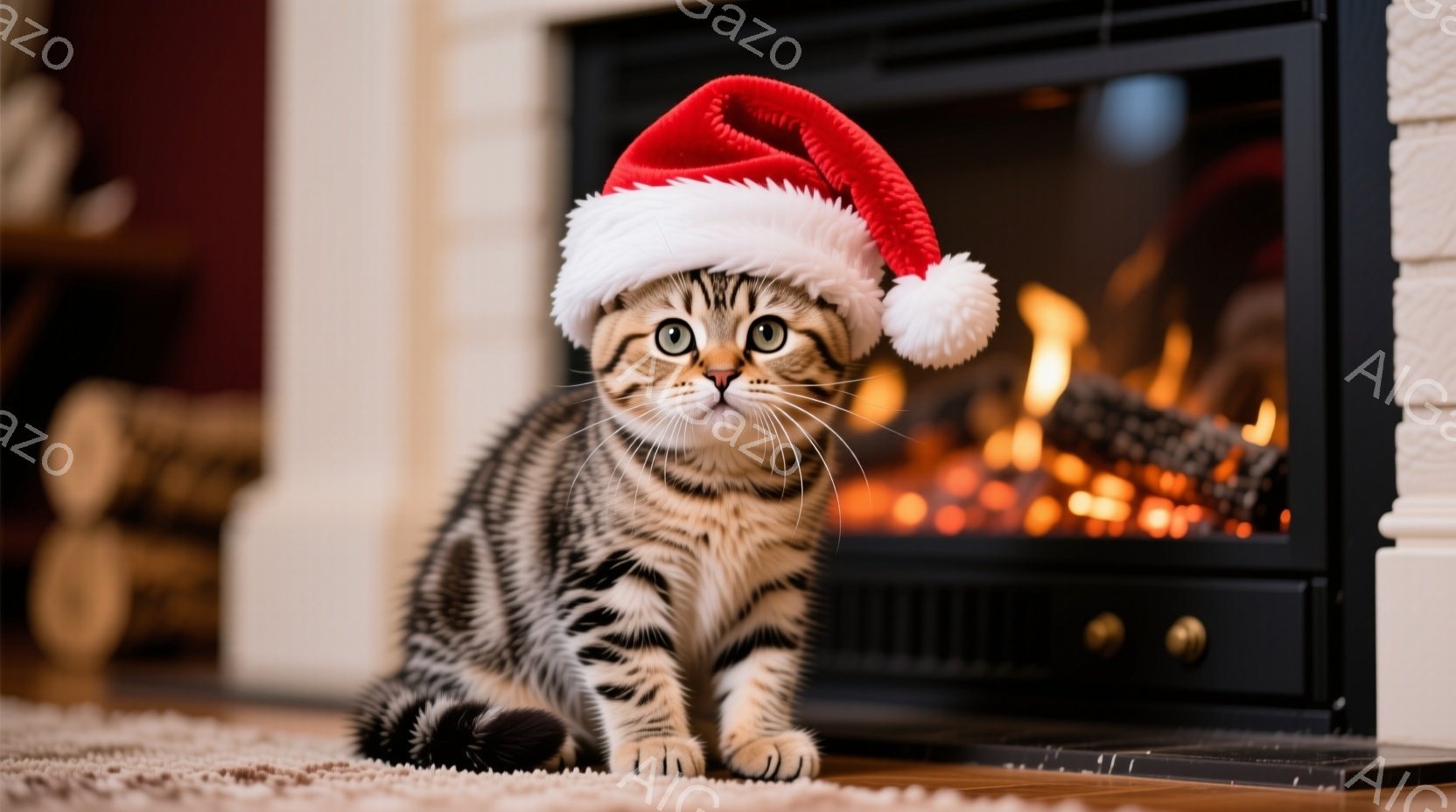 白と黒の縞模様の猫が、赤いサンタ帽を被って正面を見つめています。猫は柔らかいベージュ色のカーペットの上に座っており、背景には暖炉があり、炎が燃えています。全体的に、暖かく、居心地の良い冬の雰囲気を感じ - AI生成フリー素材