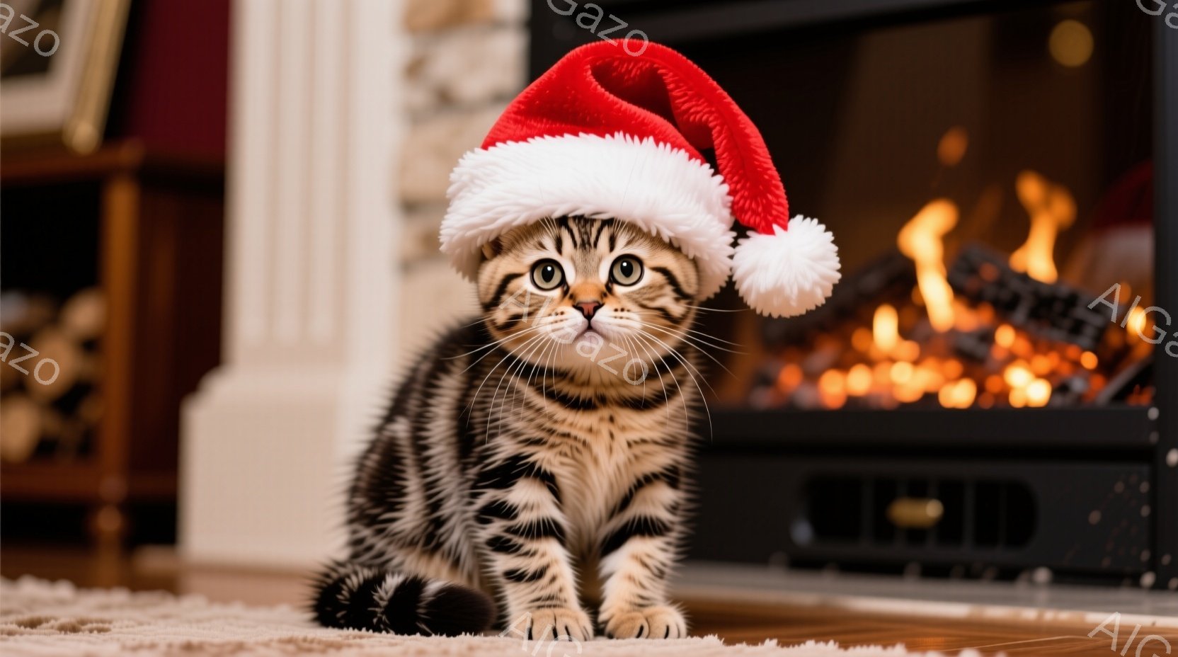 縞模様の小さな子猫が、赤いサンタ帽をかぶって正面を見つめている。猫は柔らかいカーペットの上に座っており、少し緊張した、または好奇心旺盛な表情をしている。背景には暖炉があり、炎が燃えており、家庭的な温か - AI生成フリー素材