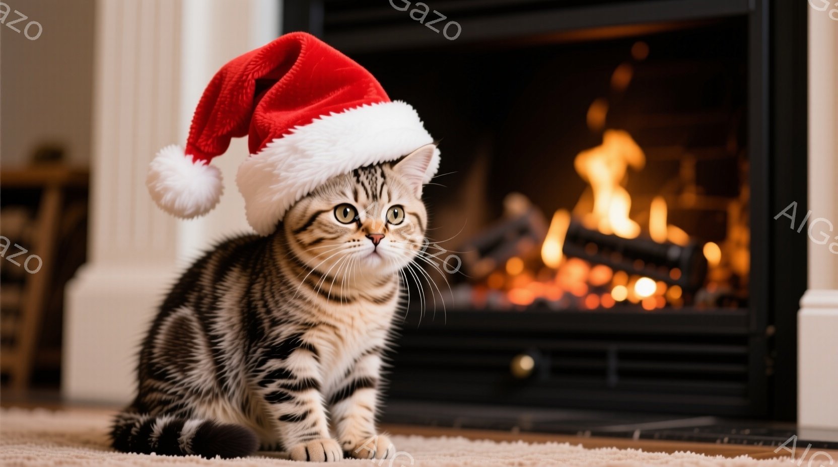 縞模様の猫が、赤いサンタ帽をかぶって正面を見つめている。猫は柔らかいカーペットの上に座り、少し警戒したような表情をしている。背景には暖炉があり、燃え盛る炎が猫の姿を温かく照らし出している。