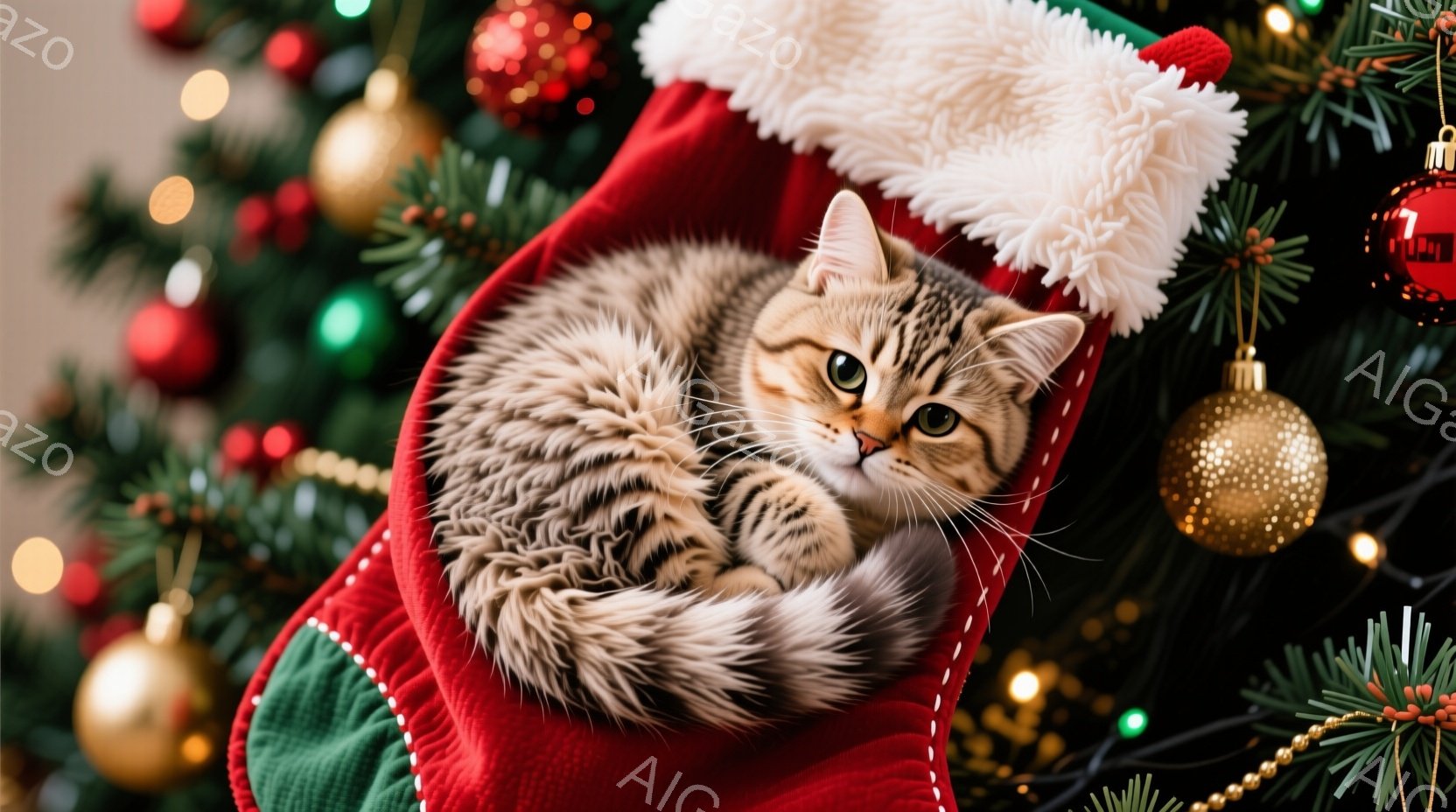 クリスマスツリーを背景に、赤いストッキングに丸まって眠っている茶トラ猫がいます。猫は目を少し開けていて、穏やかでリラックスした表情をしています。ストッキングは緑色の縁取りがあり、背景のクリスマスツリー - AI生成フリー素材