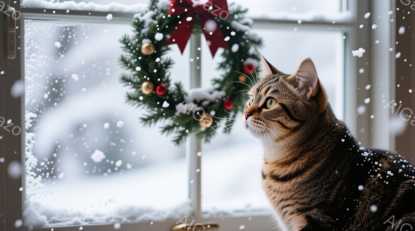 縞模様の猫が窓の外を眺めています。窓枠にはクリスマスリースが飾られており、背景には雪が降る冬景色が広がっています。猫の視線はどこか遠くを捉え、静かで穏やかな雰囲気が漂っています。 - AI生成フリー素材