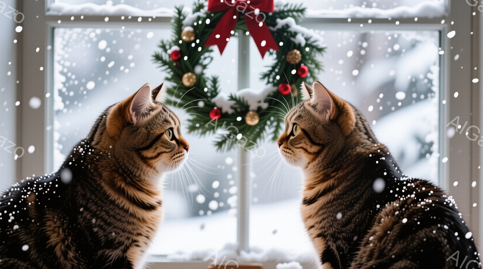 二匹の縞模様の猫が窓辺で正面を向き合っており、互いにじっと見つめ合っている。背景には、赤いリボンと装飾が施されたクリスマスリースが飾られた窓の外には、雪が降り積もる冬景色が広がっている。 全体的に、暖 - AI生成フリー素材