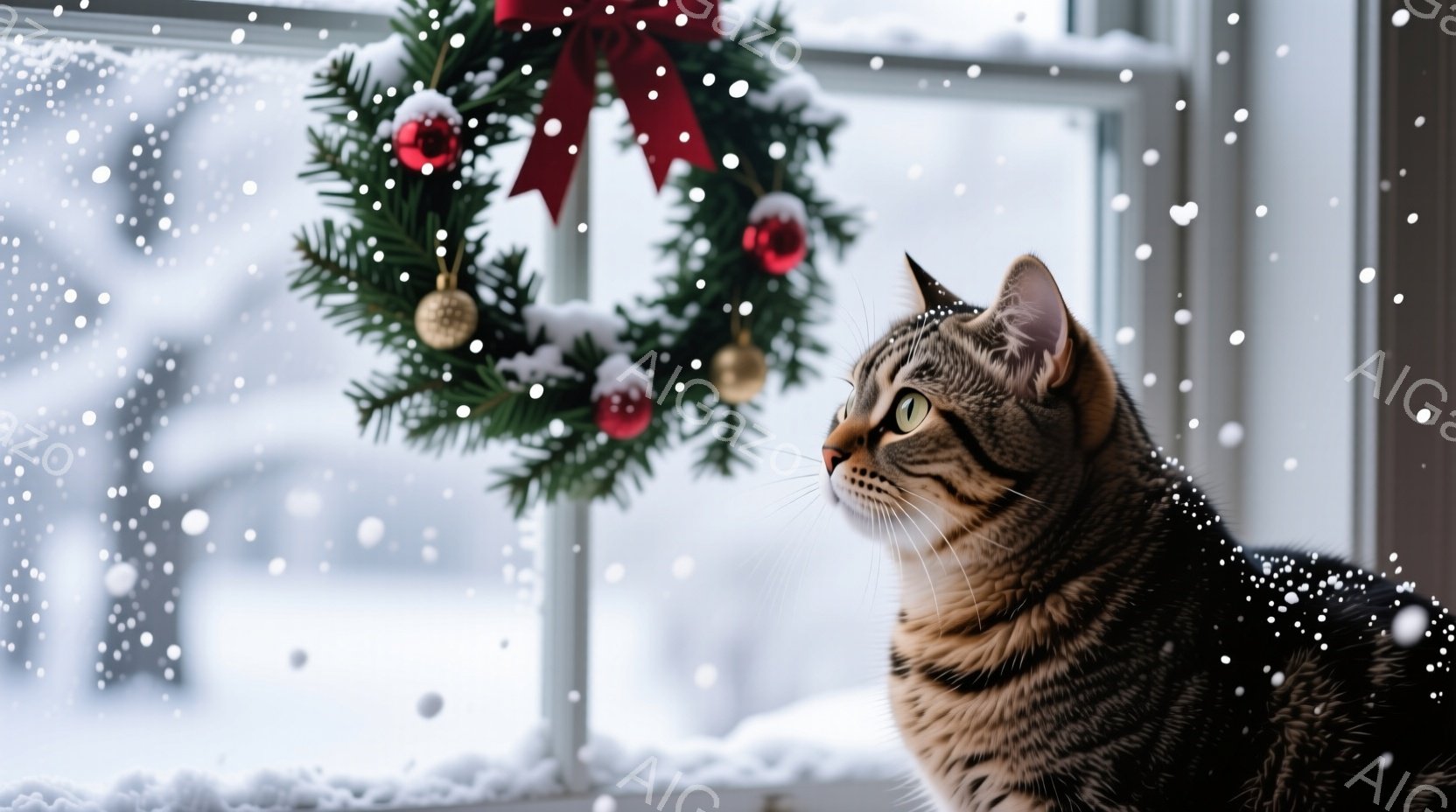 縞模様の猫が窓辺で外を見つめています。背景には雪景色が広がり、窓枠にはクリスマスリースが飾られています。静かで穏やかな冬の雰囲気が漂う、温かい光景です。 - AI生成フリー素材