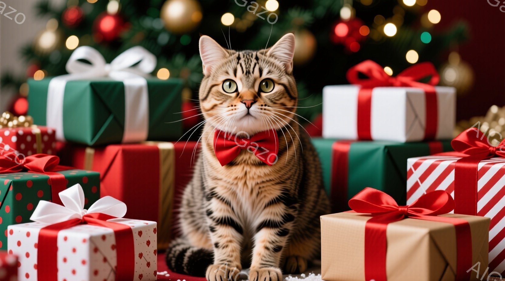 茶トラ猫が赤い蝶ネクタイをつけ、プレゼントの山に囲まれて座っています。猫はまっすぐ前を見ており、少しいたずらっぽい表情をしています。背景にはクリスマスツリーのぼんやりとした光が見え、全体的に温かくお祝 - AI生成フリー素材