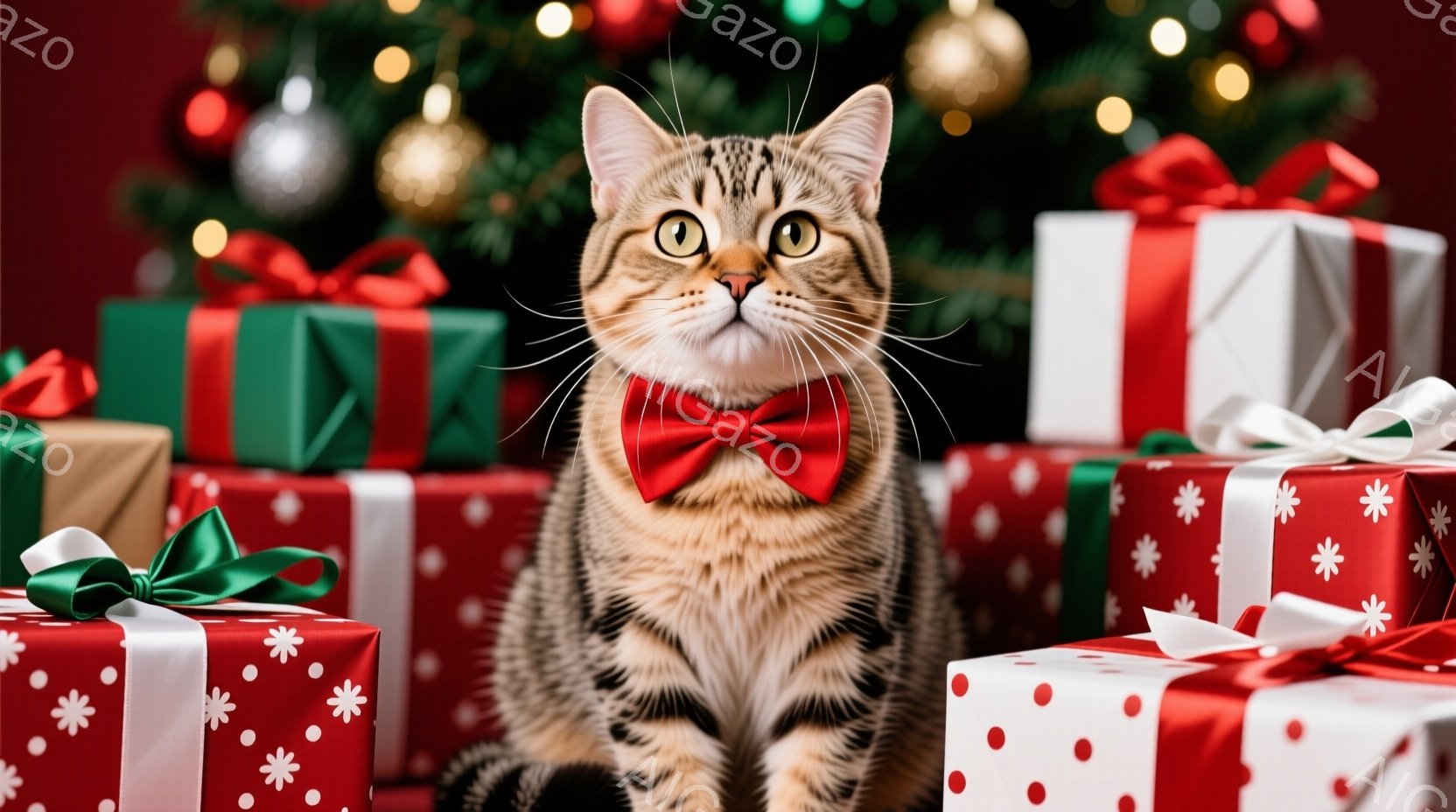 縞模様の猫が赤い蝶ネクタイを付けて、プレゼントの山の中に座っています。猫は正面を見ており、少しばかり尊大で上品な表情をしています。背景にはクリスマスツリーのぼやけた光があり、華やかで暖かい雰囲気を醸し - AI生成フリー素材