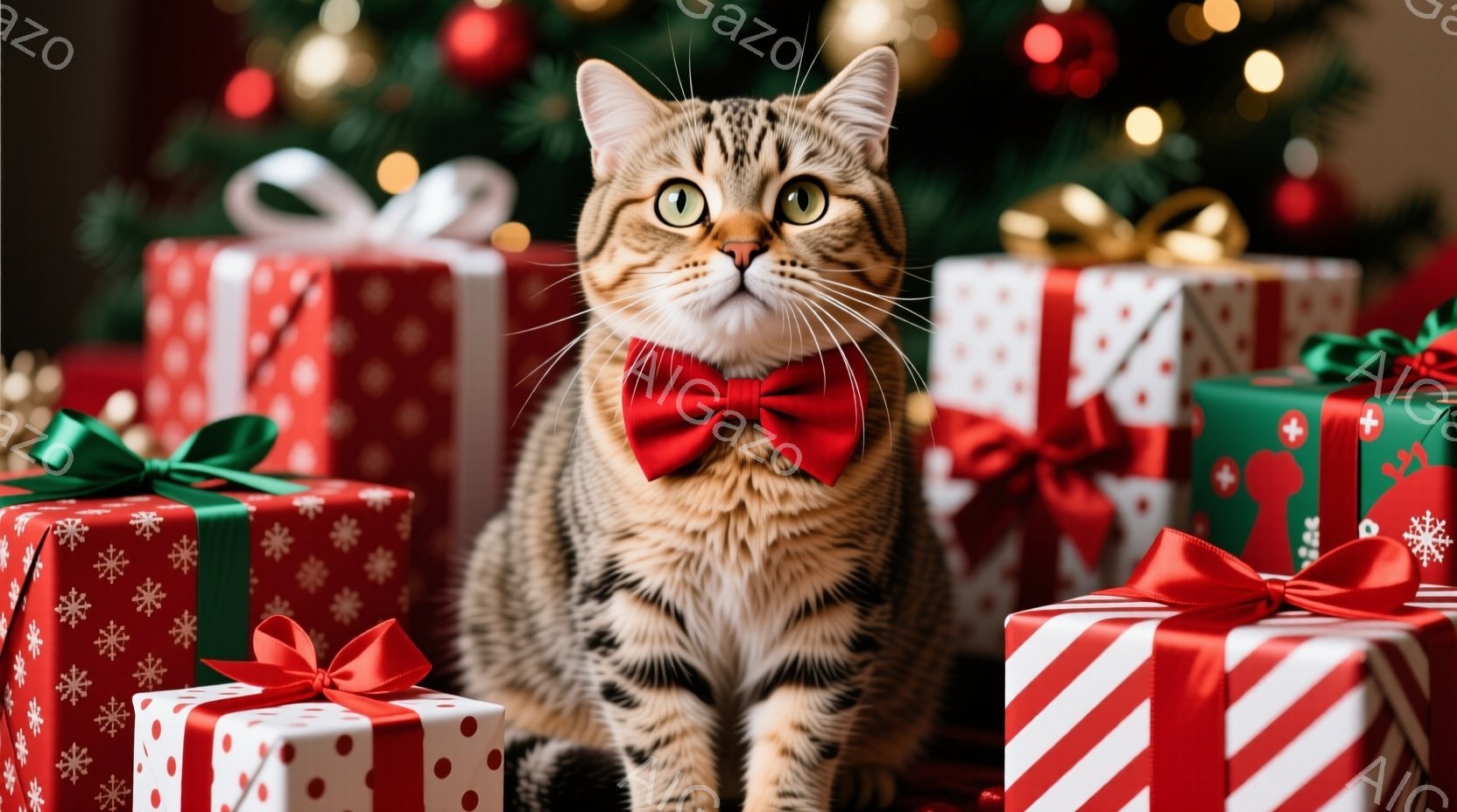 茶色の縞模様の猫が、クリスマスプレゼントに囲まれて座っています。赤い蝶ネクタイを付けており、少し上目遣いで、どこか誇らしげな表情をしています。背景には、カラフルな包装紙で飾られたプレゼントの山と、ぼん - AI生成フリー素材